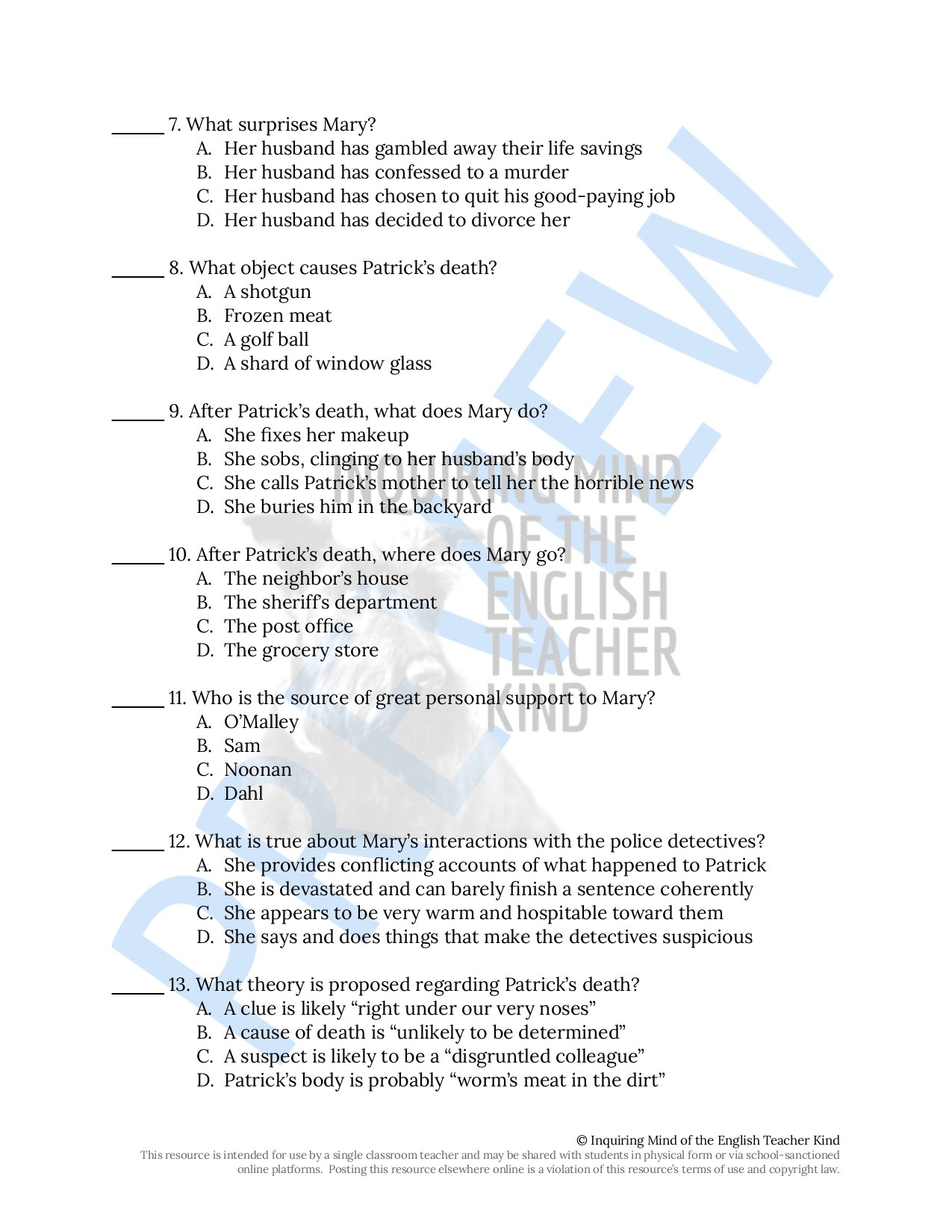 "Lamb to the Slaughter" by Roald Dahl Quiz, Close Reading, and