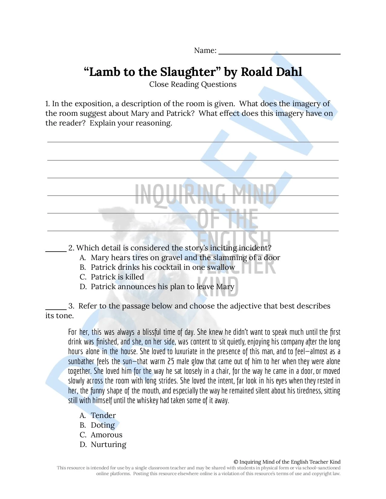 "Lamb to the Slaughter" by Roald Dahl Quiz, Close Reading, and Vocabulary Games Bundle