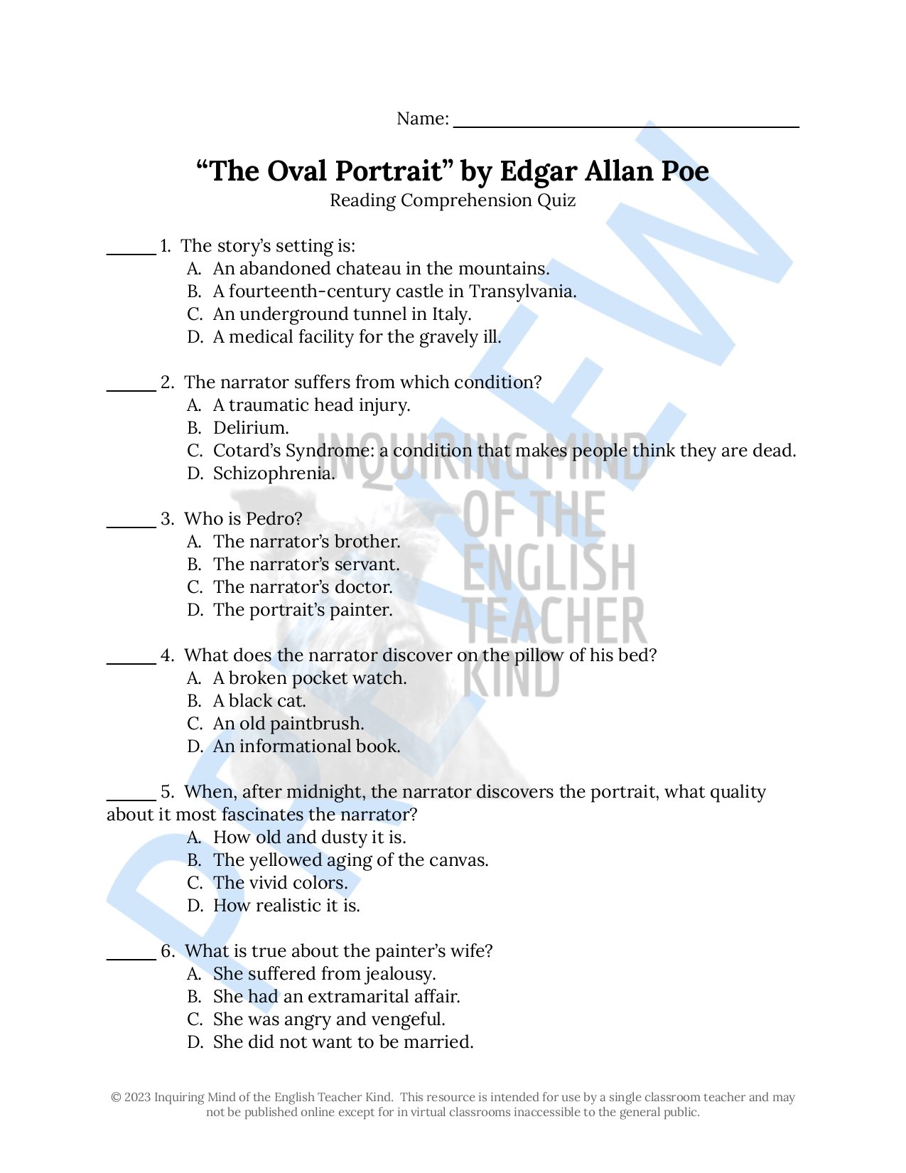 Eliminate take-home assessment planning with this bundle of materials for teaching the Gothic short story "The Oval Portrait" by Edgar Allan Poe.