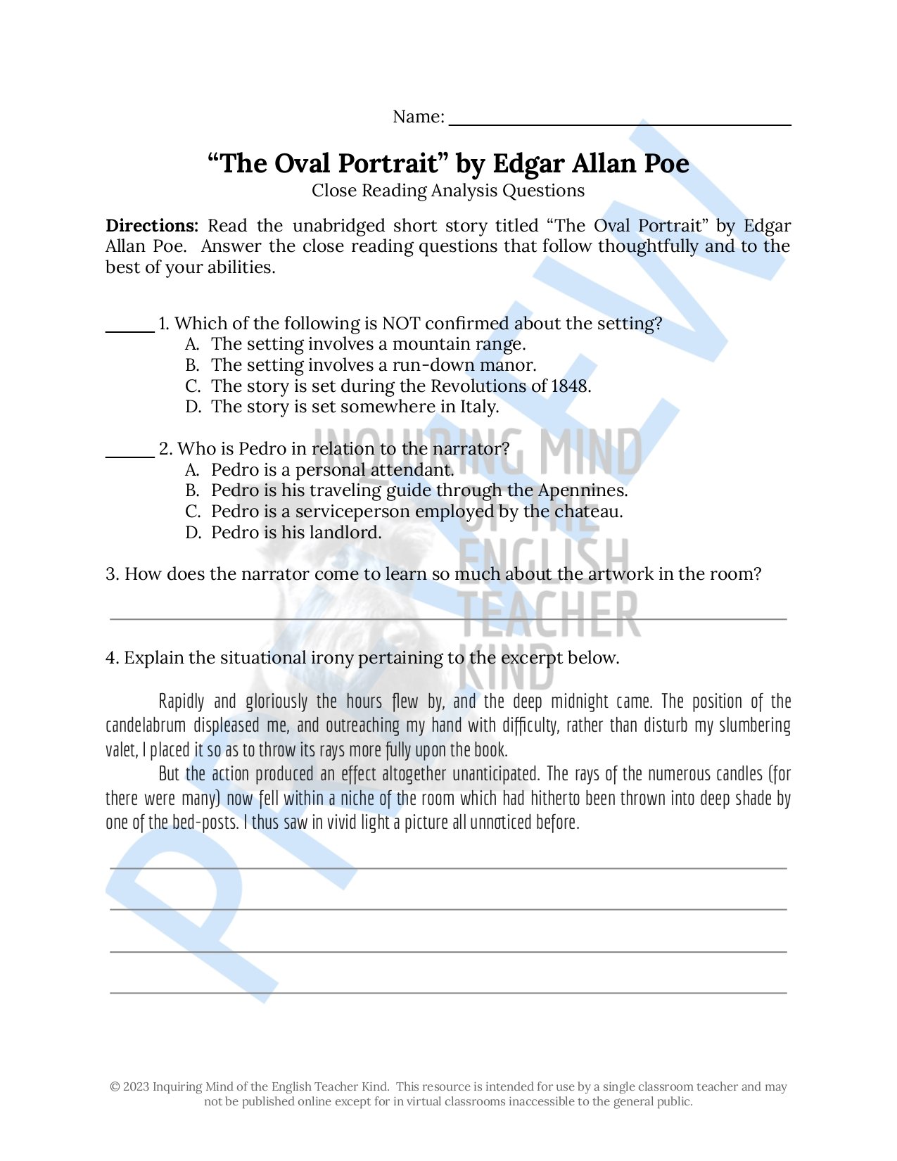 Eliminate take-home assessment planning with this bundle of materials for teaching the Gothic short story "The Oval Portrait" by Edgar Allan Poe.