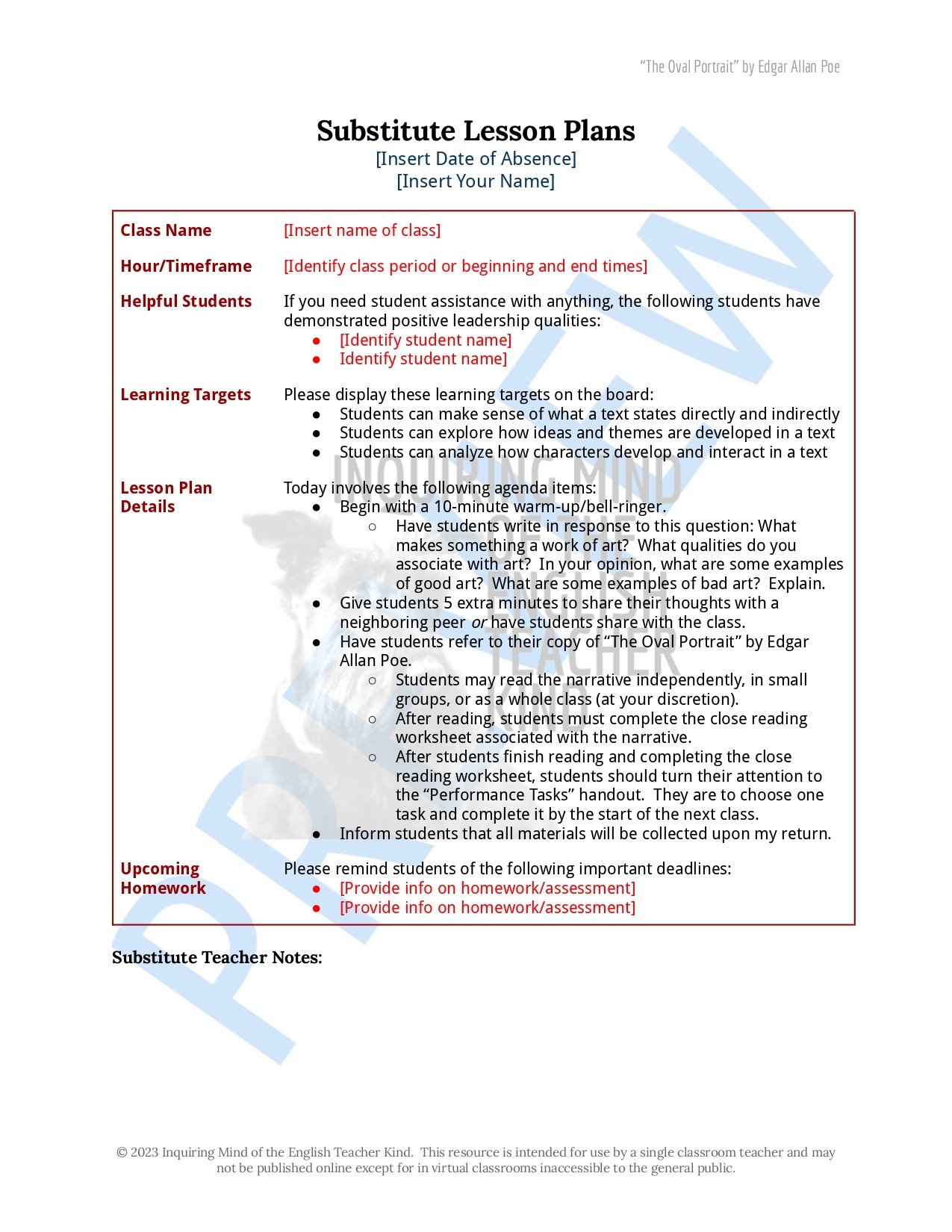 Eliminate take-home assessment planning with this bundle of materials for teaching the Gothic short story "The Oval Portrait" by Edgar Allan Poe.