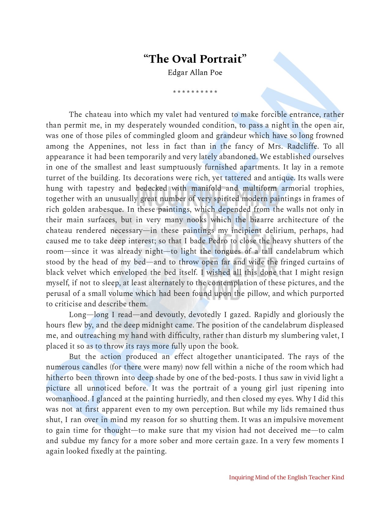 Eliminate take-home assessment planning with this bundle of materials for teaching the Gothic short story "The Oval Portrait" by Edgar Allan Poe.