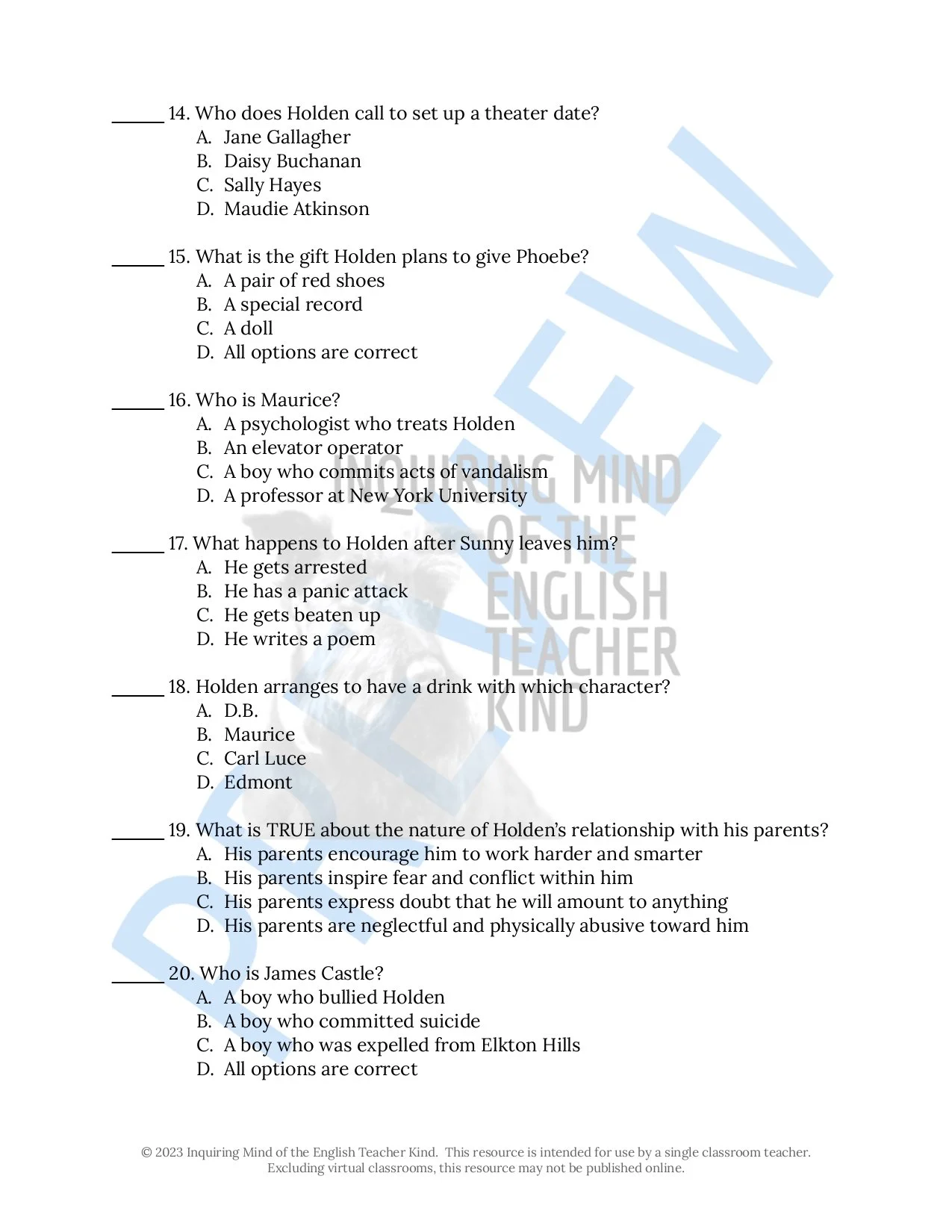 Catcher in the Rye Test and Answer Key with Study Guide for High School ...