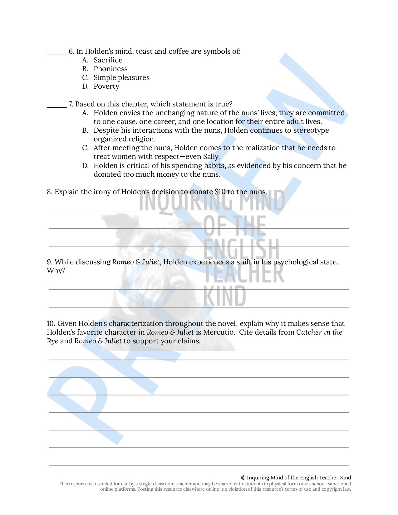 Catcher in the Rye Close Reading Analysis Worksheets Bundle with Answer ...