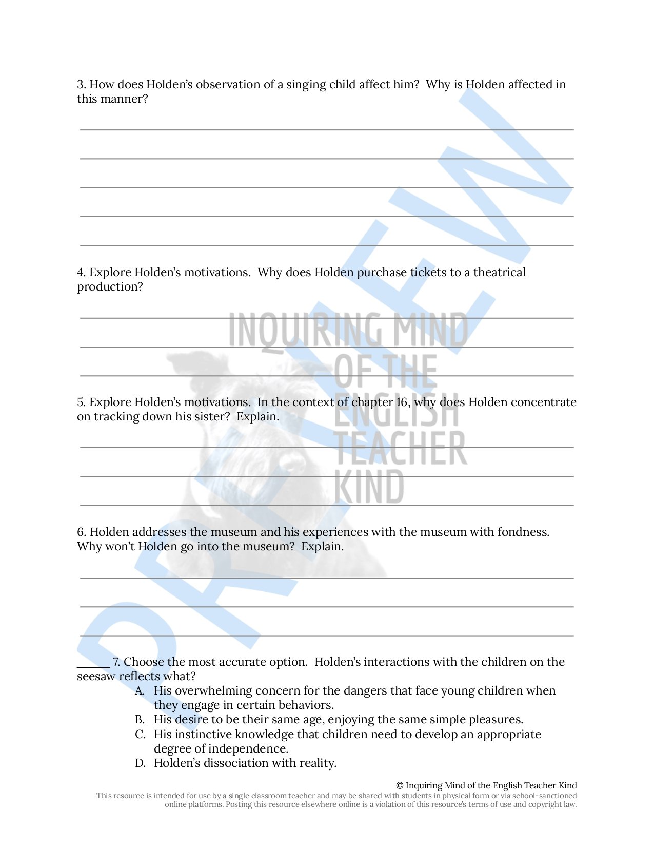 Catcher in the Rye Close Reading Analysis Worksheets Bundle with Answer ...