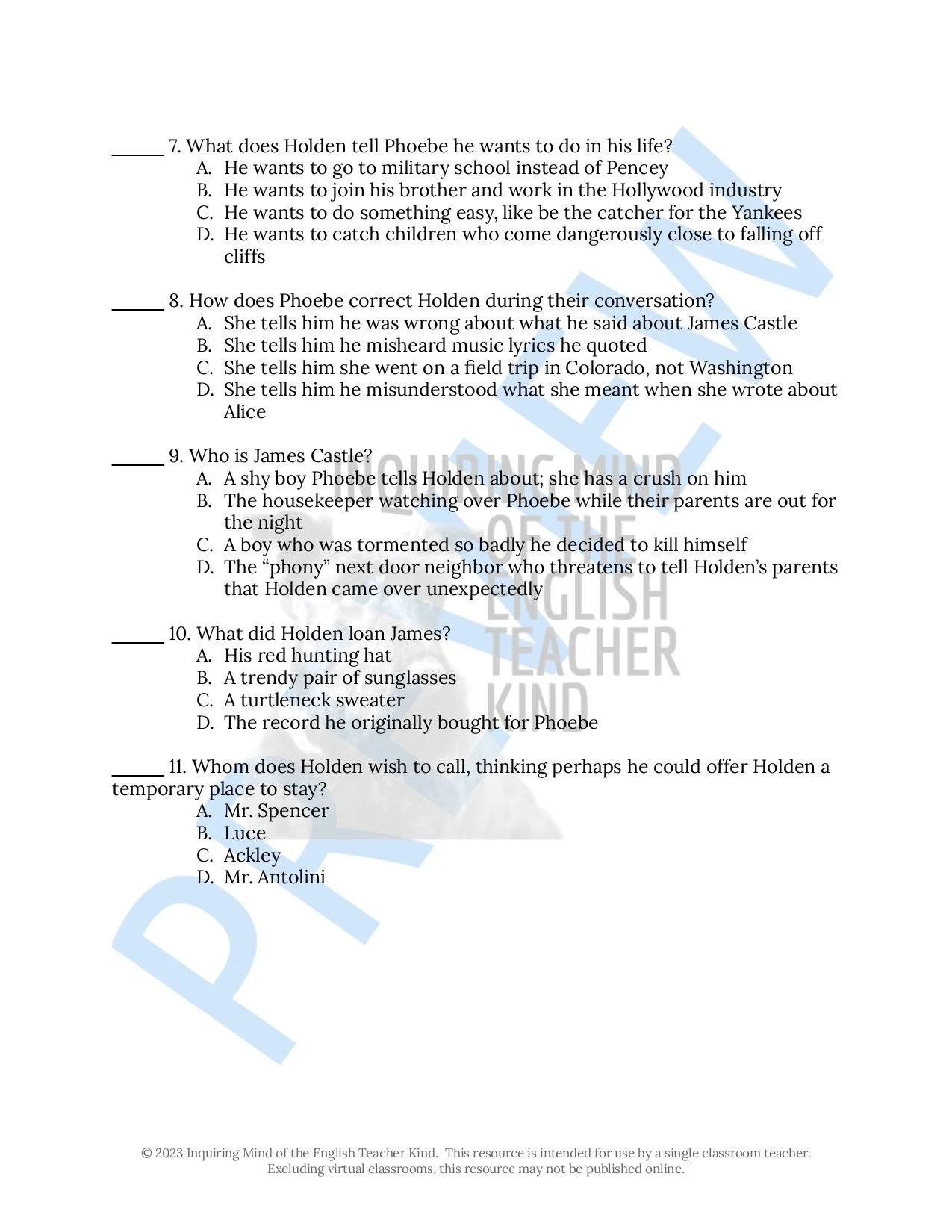 Catcher in the Rye Quiz, Close Reading, Test, and Answer Key Bundle for