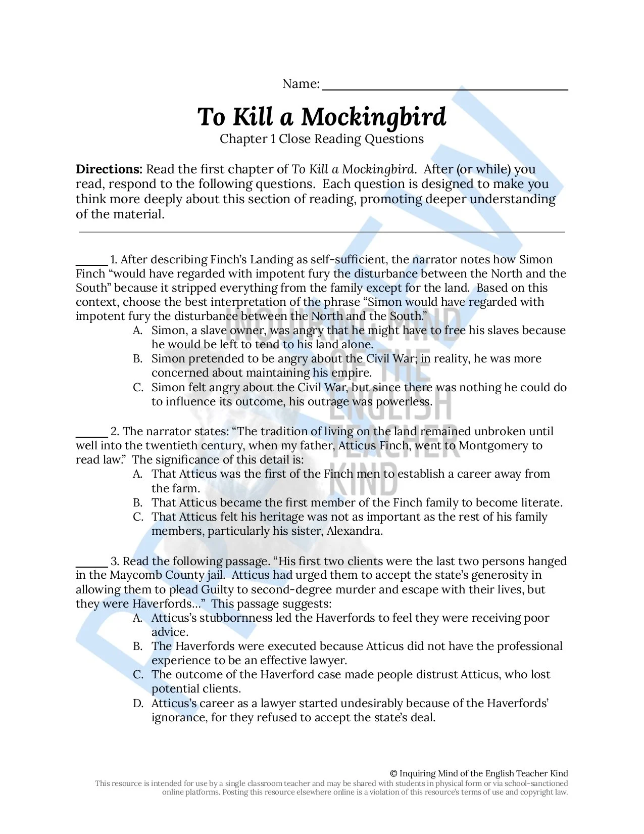 To Kill a Mockingbird Chapters 1 through 3 Quiz and Close Reading ...
