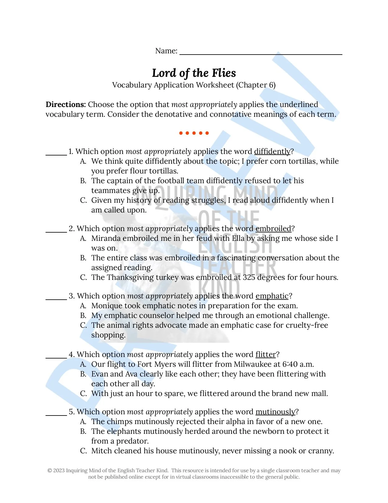 Lord of the Flies Chapter 4 Quiz, Close Reading, and Vocabulary ...