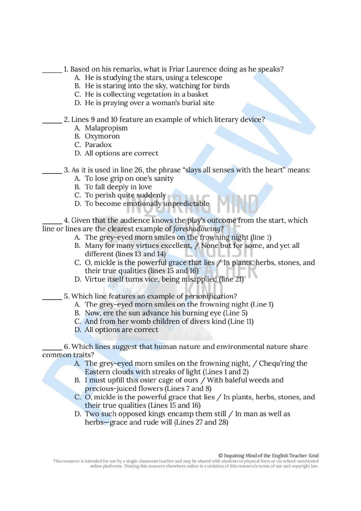 Romeo and Juliet Close Reading Analysis Worksheets Bundle with Answer ...