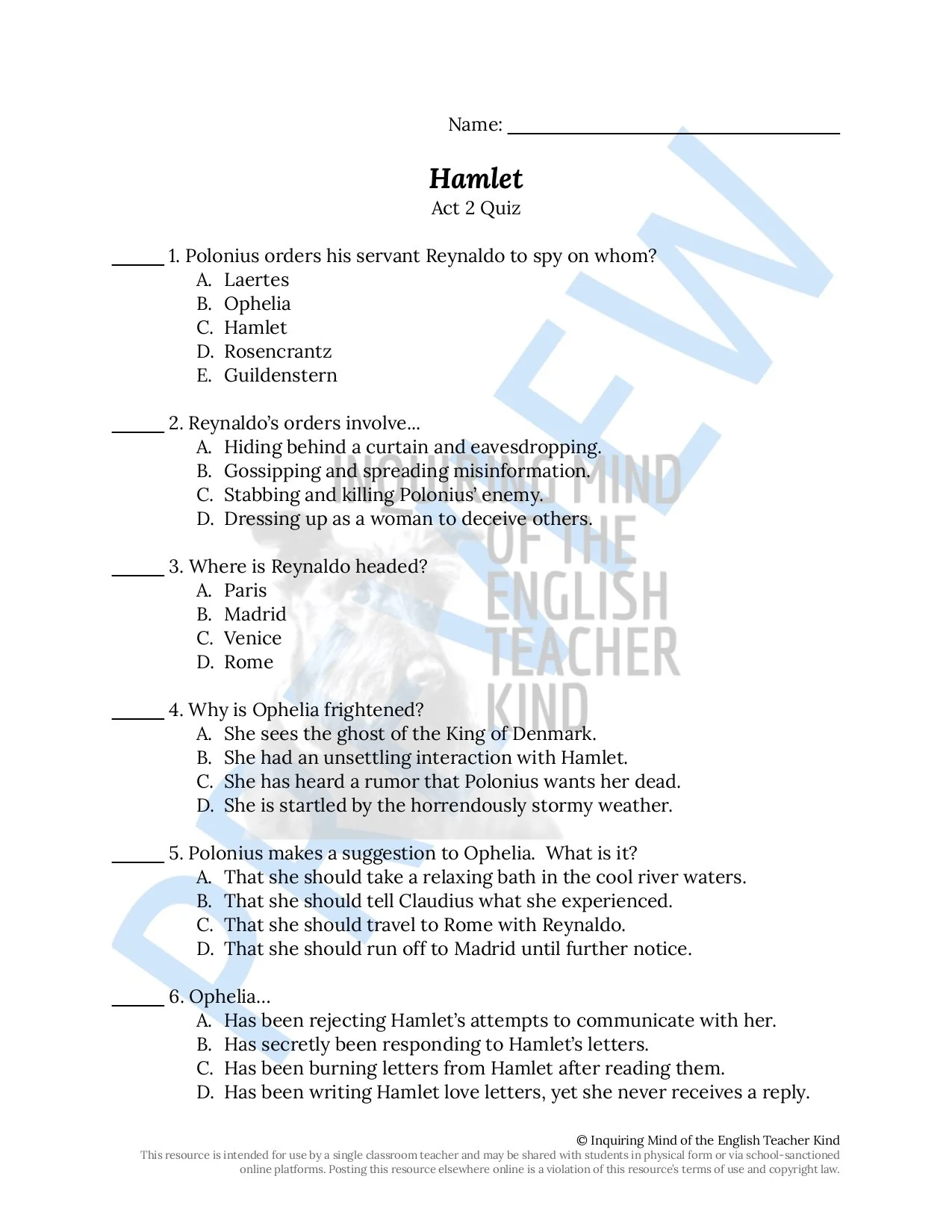 Hamlet Questions Hamlet Quiz and Answer Key Bundle for High School - Inquiring Mind of ...