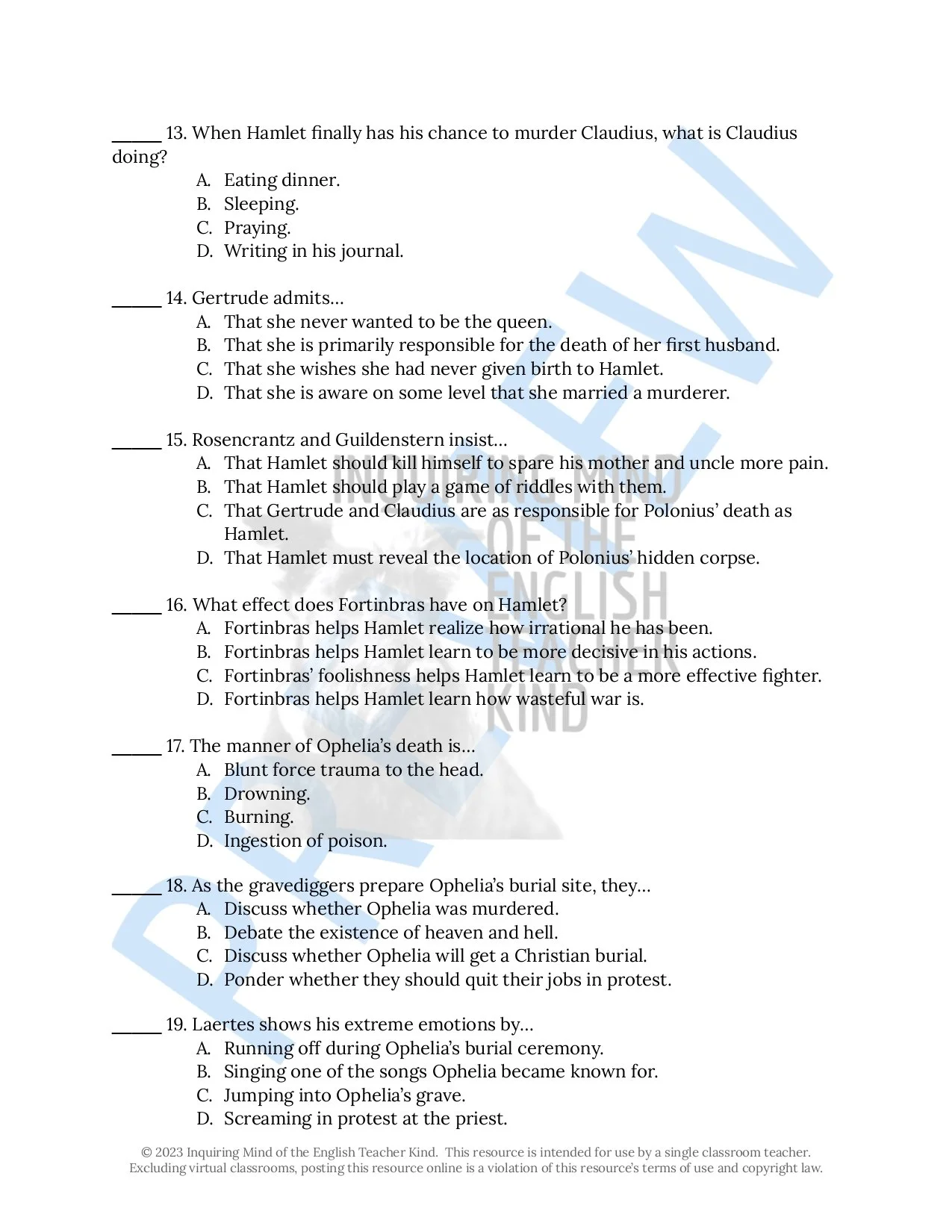 This summative test from Inquiring Mind of the English Teacher Kind covers William Shakespeare's Hamlet and includes an answer key, as well as a standards-based rubric for scoring essays.