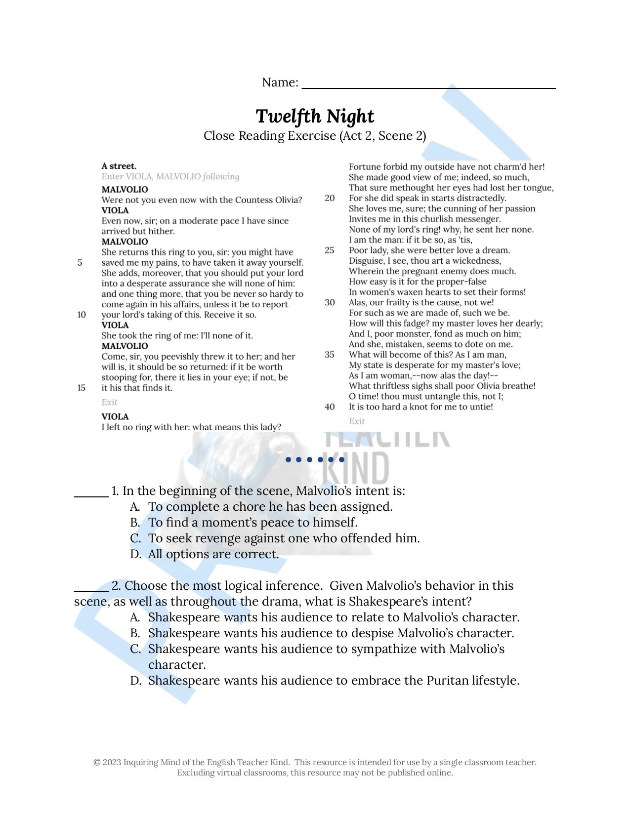 Twelfth Night Close Reading Analysis Worksheets Bundle with Answer Keys ...