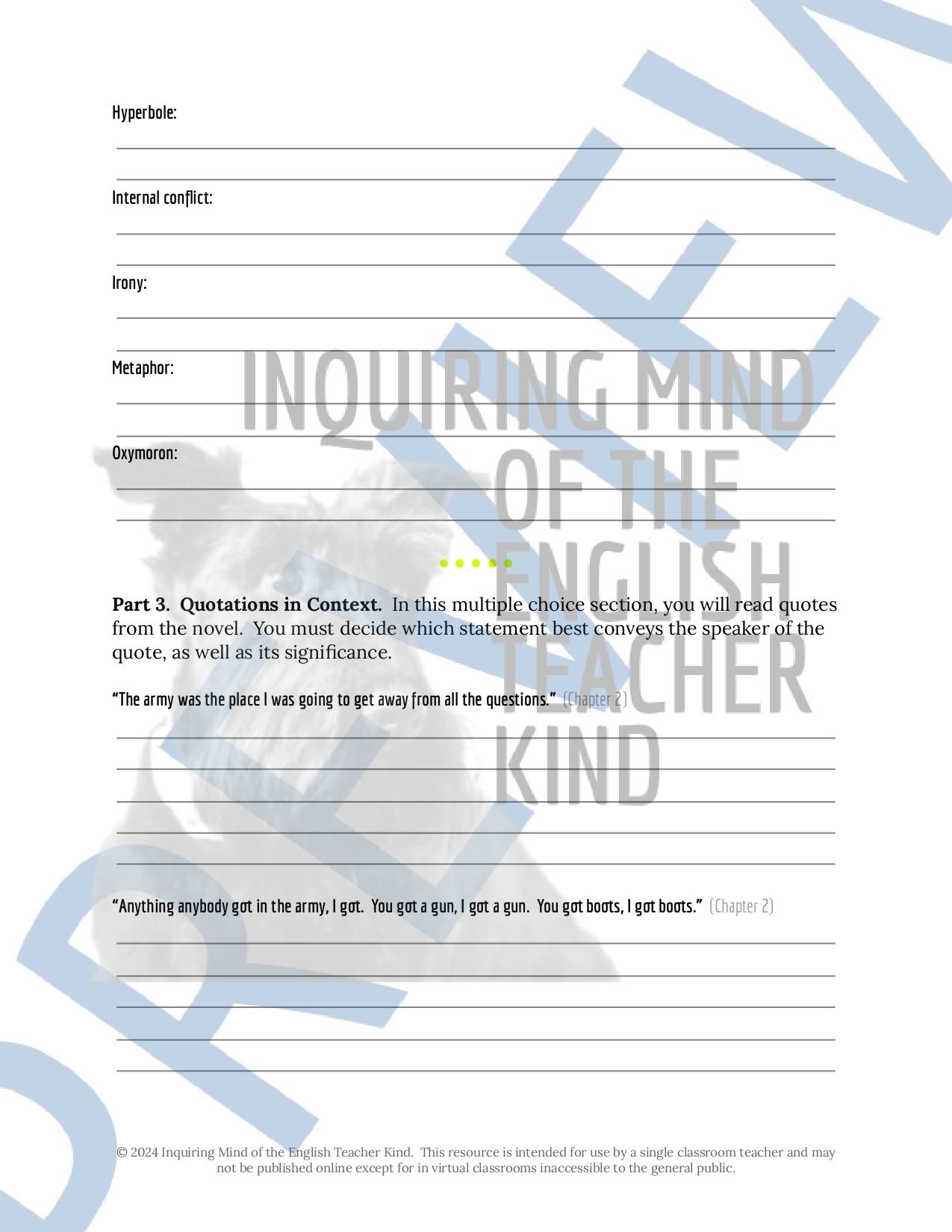 Eliminate assessment planning responsibilities and evaluate high school students' knowledge of plot and literary craft with this summative test covering Fallen Angels by Walter Dean Myers.