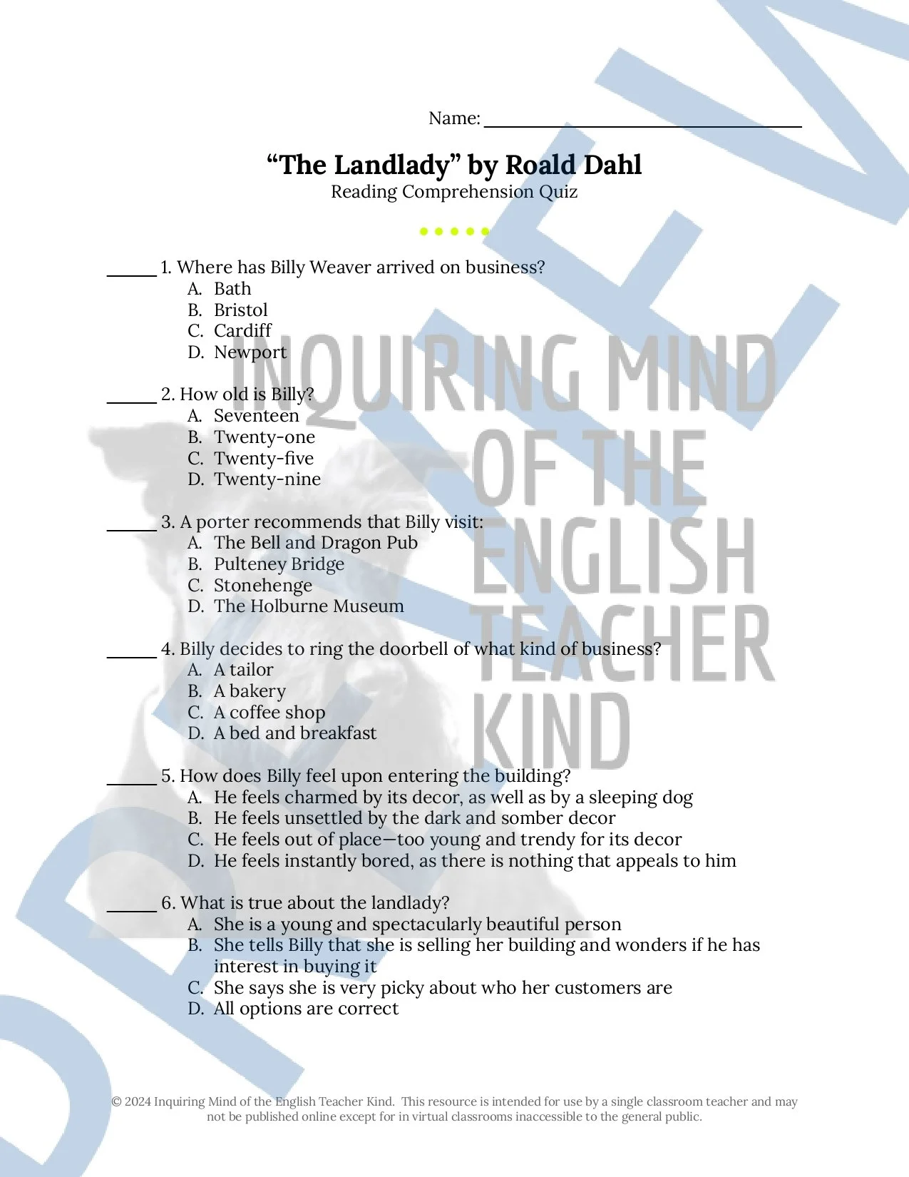 "The Landlady" by Roald Dahl Quiz, Close Reading Worksheet, and ...
