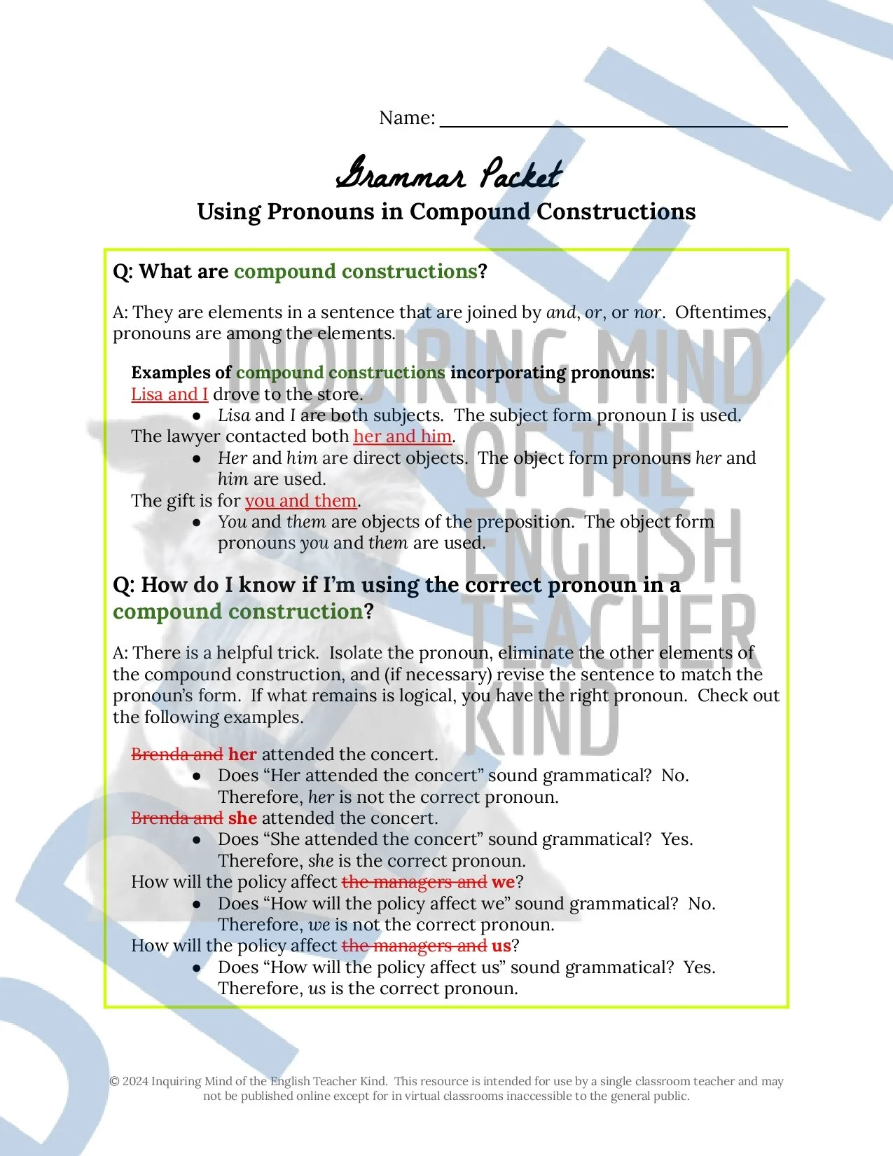 Grammar Practice Worksheet on Using Pronouns in Compound Constructions