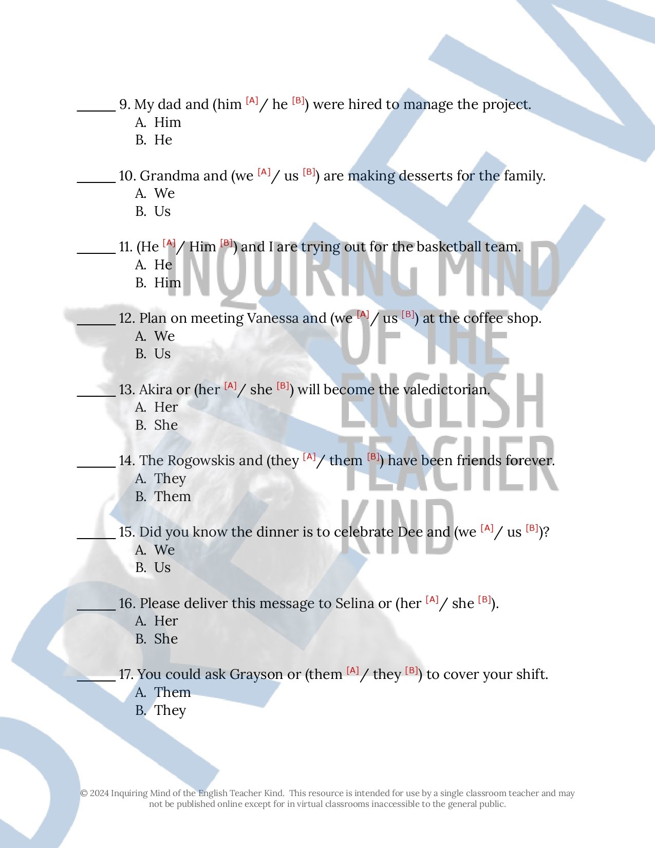 Help middle and high school students review the fundamentals of correctly using pronouns in compound constructions with this grammar activity. An answer key is included.