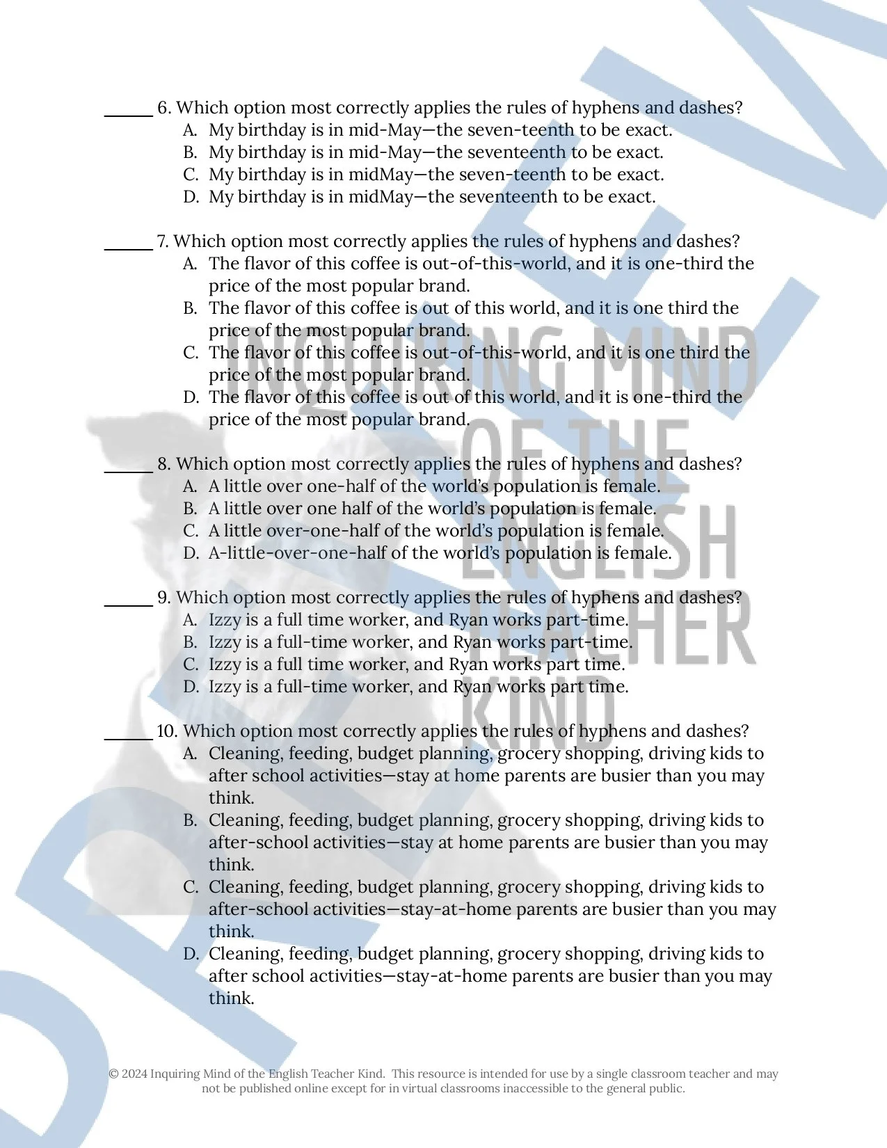 High School Grammar Practice Worksheet on Using Hyphens and Dashes ...