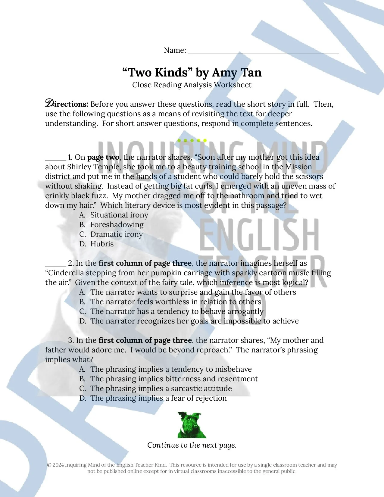 Evaluate reading comprehension and sharpen critical thinking and literary craft analysis skills with these activities for teaching the short story "Two Kinds" from The Joy Luck Club by Amy Tan.