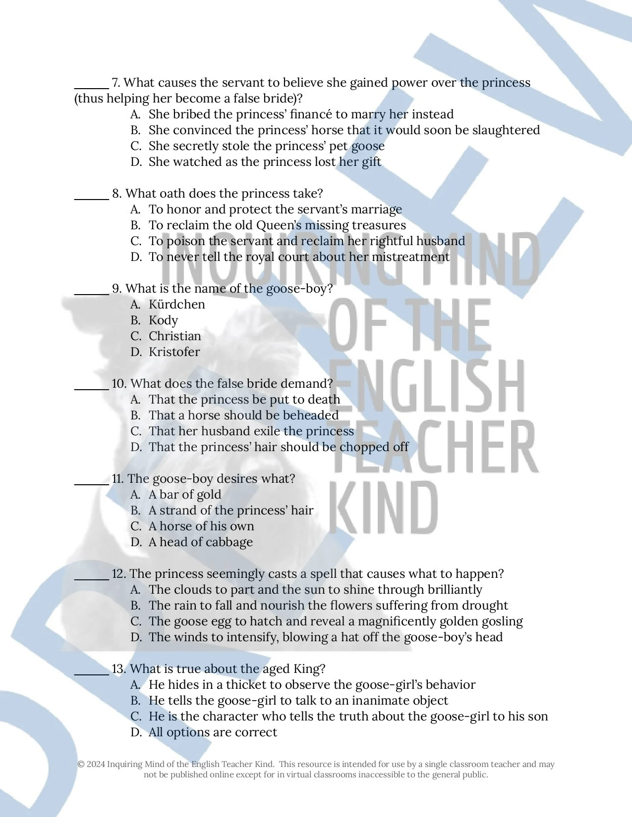 "The Goose Girl" by the Brothers Grimm Quiz, Close Reading Worksheet, and Vocabulary Games for High School