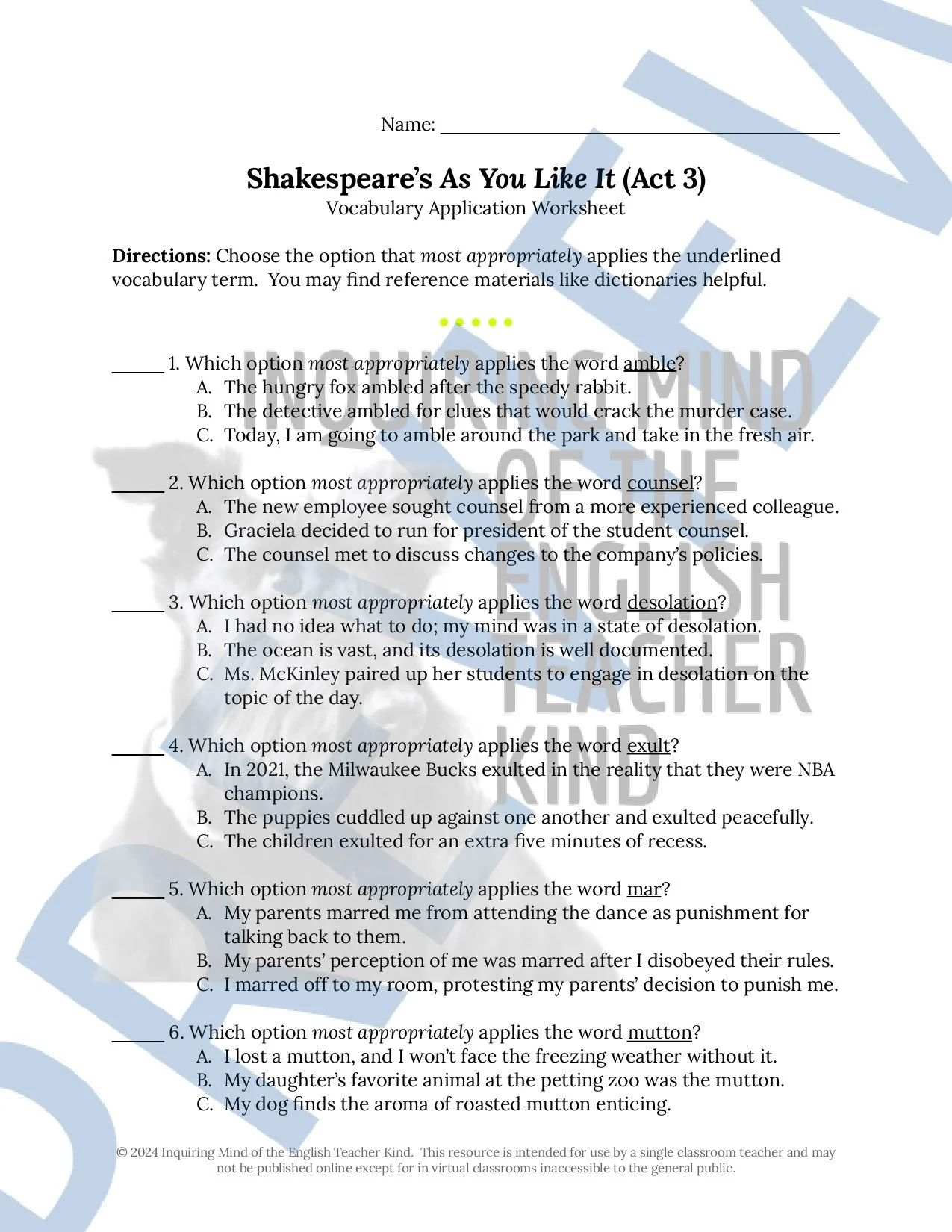 William Shakespeare's As You Like It Vocabulary Games for High School Bundle by Inquiring Mind of the English Teacher Kind