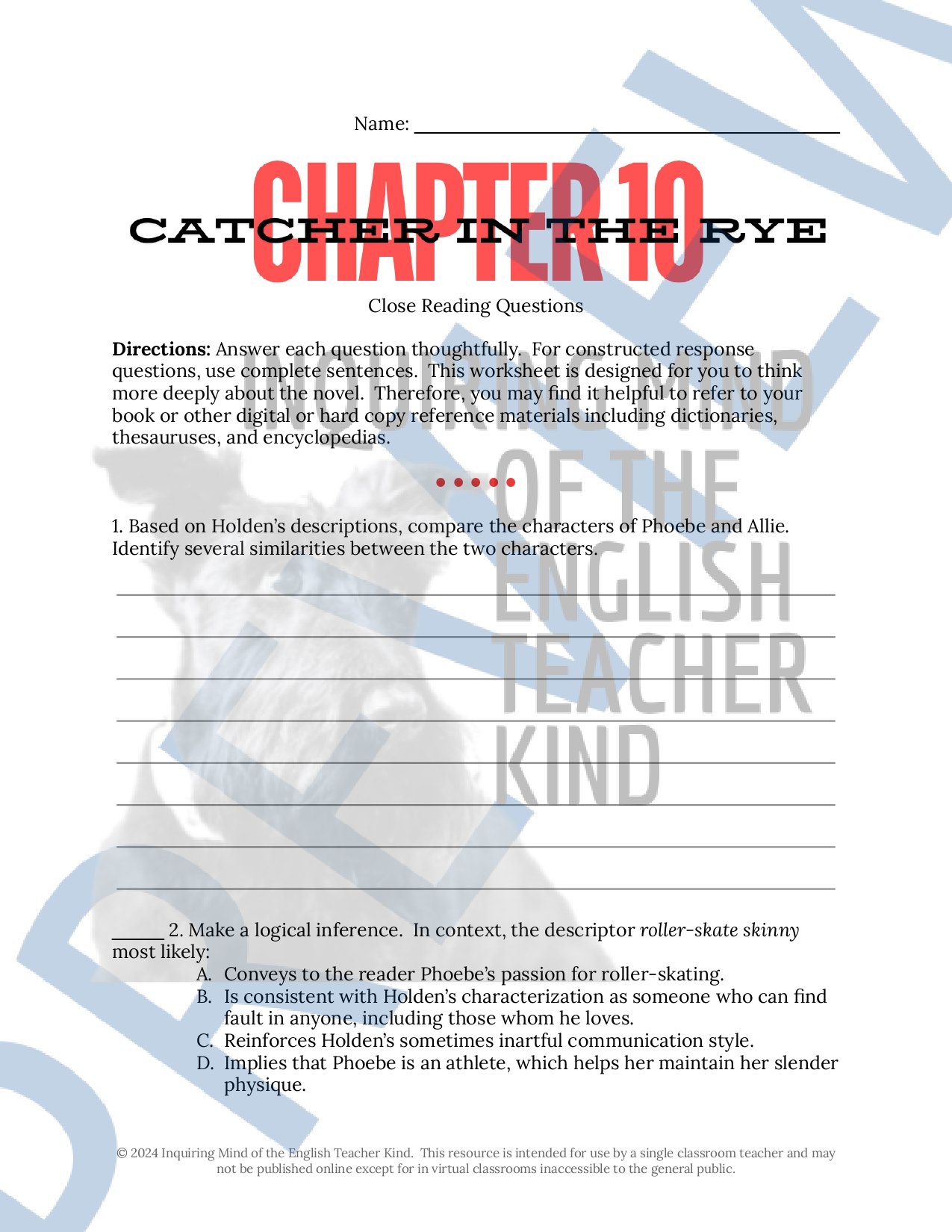 Catcher in the Rye Close Reading Analysis Worksheets Bundle with Answer ...