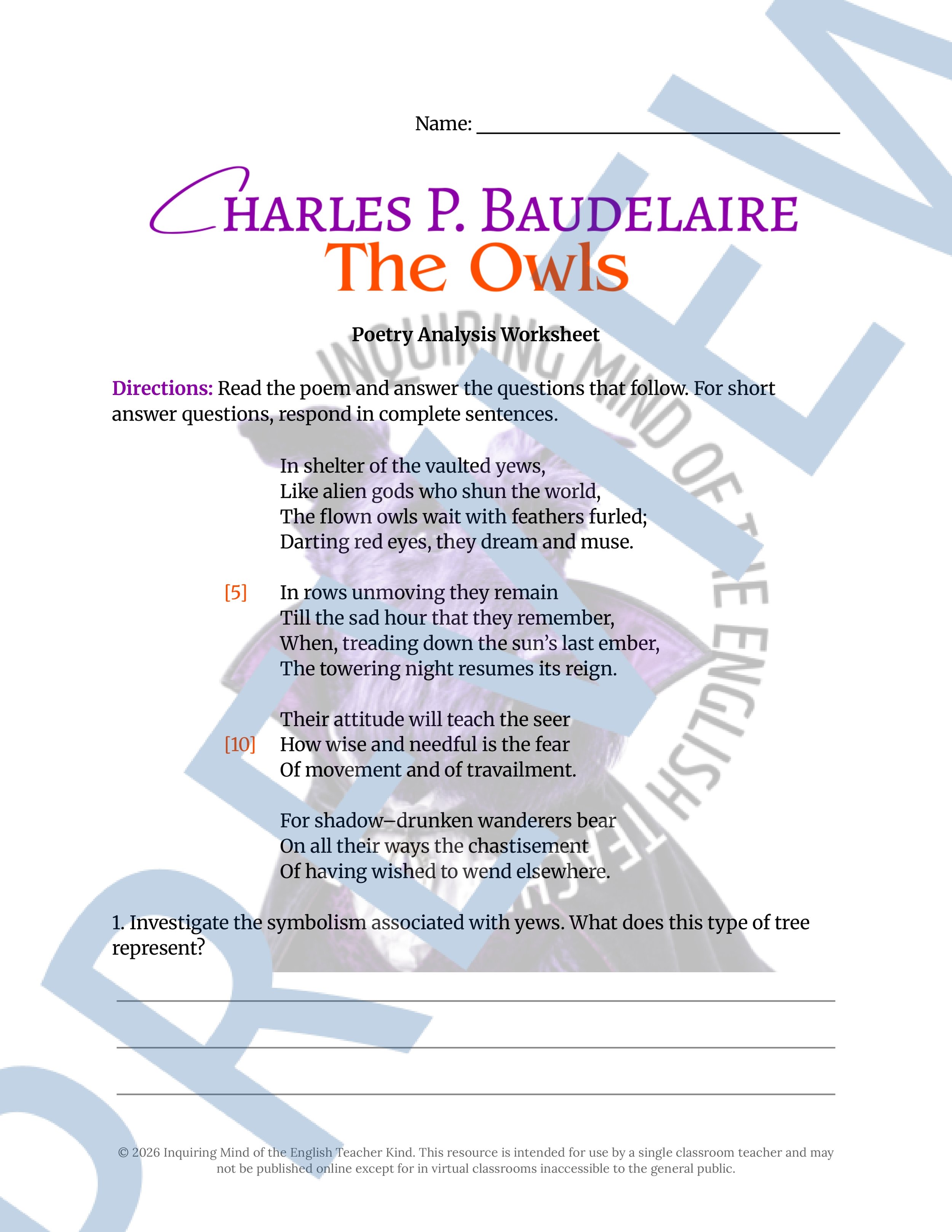 The Owls by Charles Baudelaire Poem Analysis Worksheet for High School English and Halloween (1).jpg