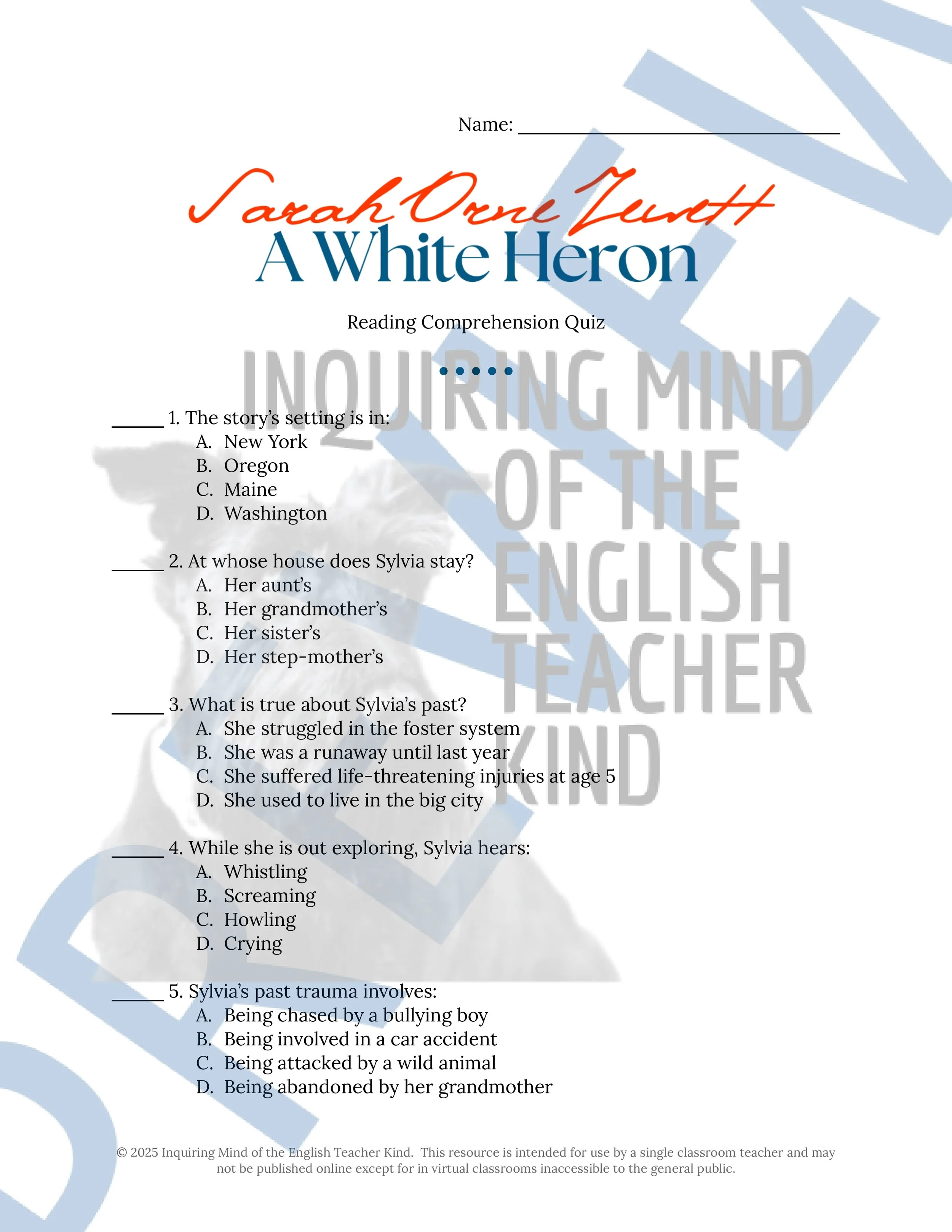 "A White Heron" by Sarah Orne Jewett Quiz, Analysis Worksheet, Vocabulary Activities, and Sub Plans for High School from Inquiring Mind of the English Teacher Kind