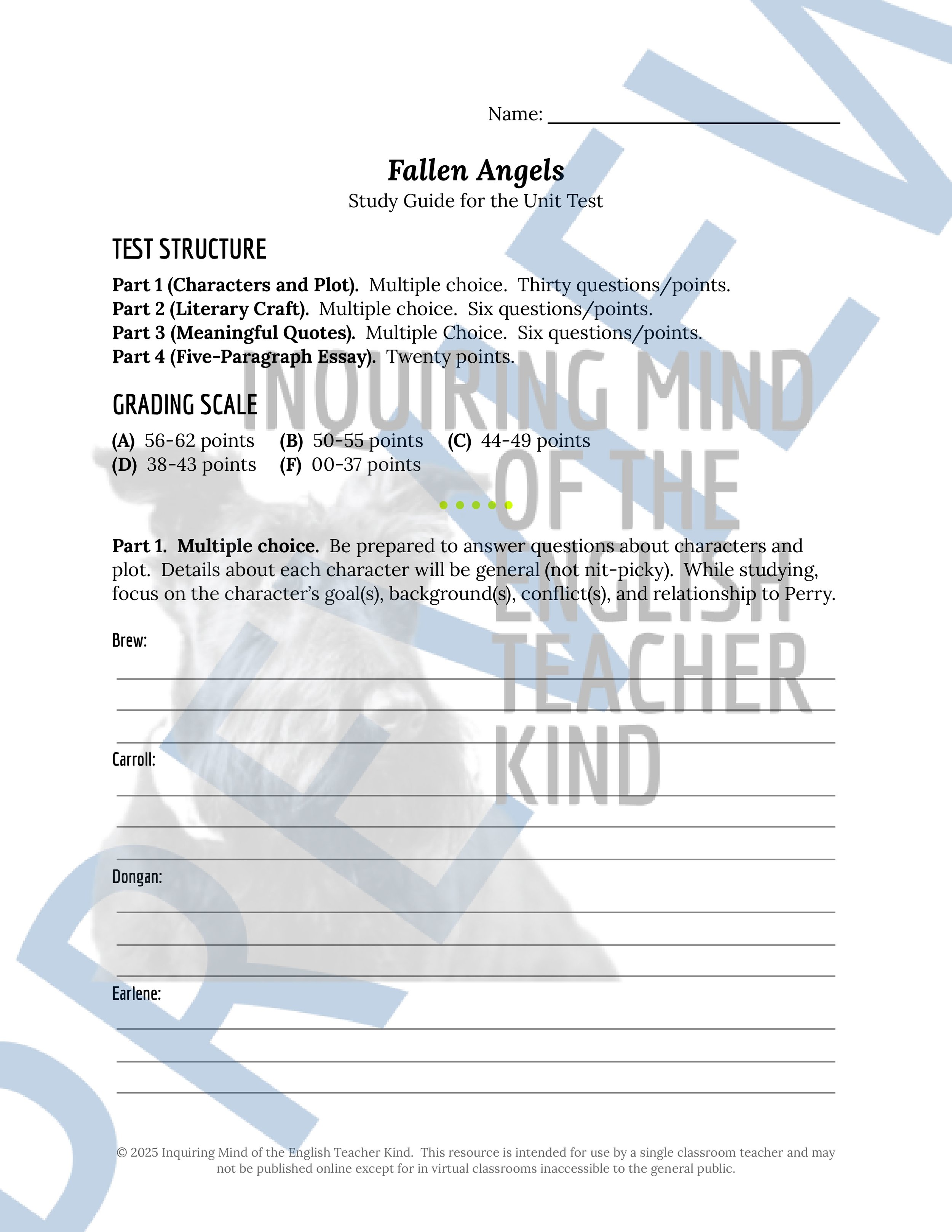 Fallen Angels Quizzes, Worksheets, Research Project, Test, and Answer Keys Mega Bundle from Inquiring Mind of the English Teacher Kind
