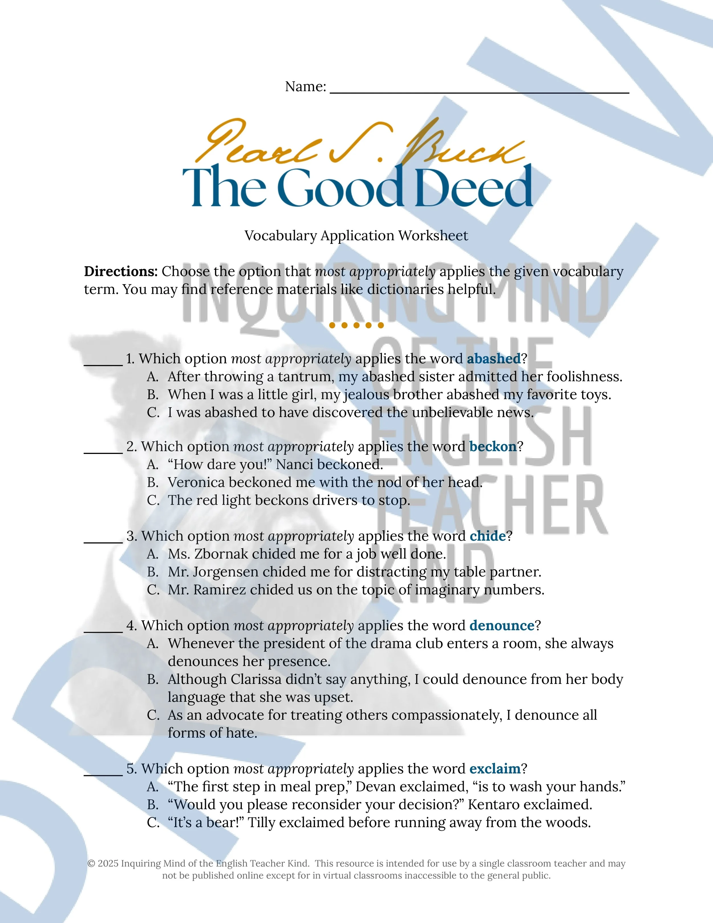 "The Good Deed" by Pearl S. Buck Quiz, Analysis Worksheet, Vocabulary Games, and Answer Keys for High School from Inquiring Mind of the English Teacher Kind