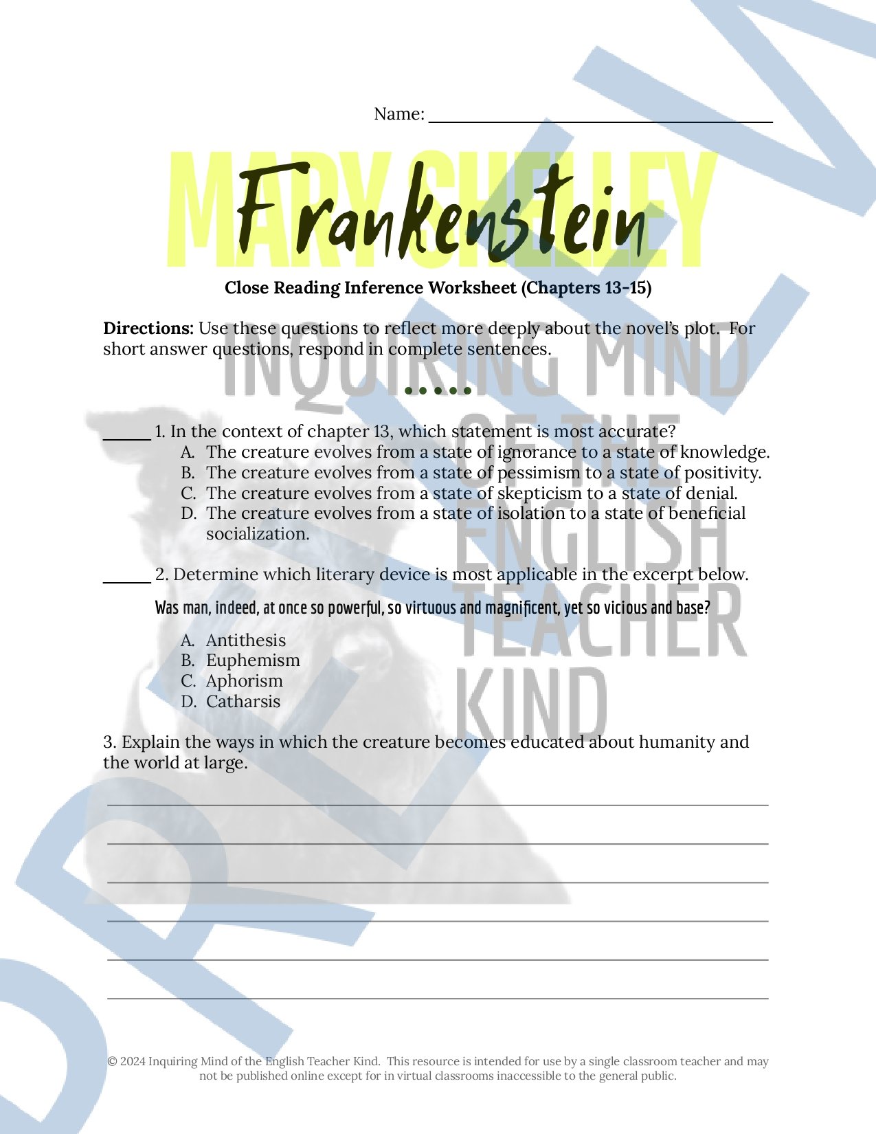 Frankenstein by Mary Shelley Chapters 13-15 Quiz, Close Reading Inference Worksheet, and Vocabulary Games