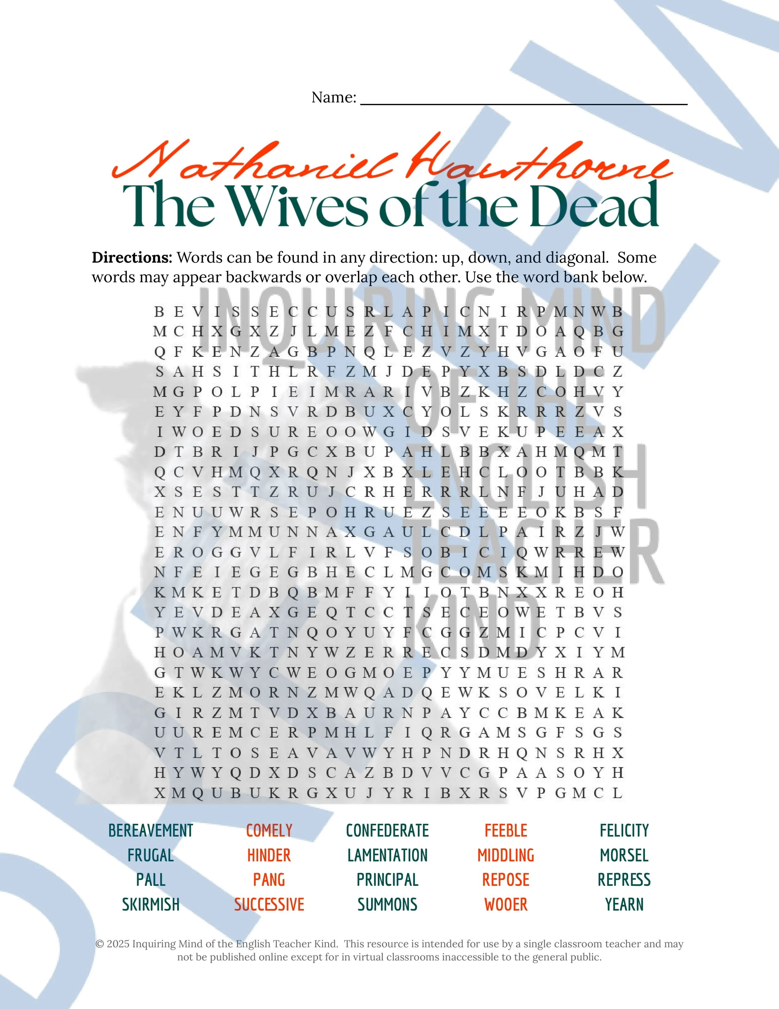 "The Wives of the Dead" by Nathaniel Hawthorne Quiz, Close Reading Worksheet, Vocabulary Activities, and Answer Keys for High School from Inquiring Mind of the English Teacher Kind