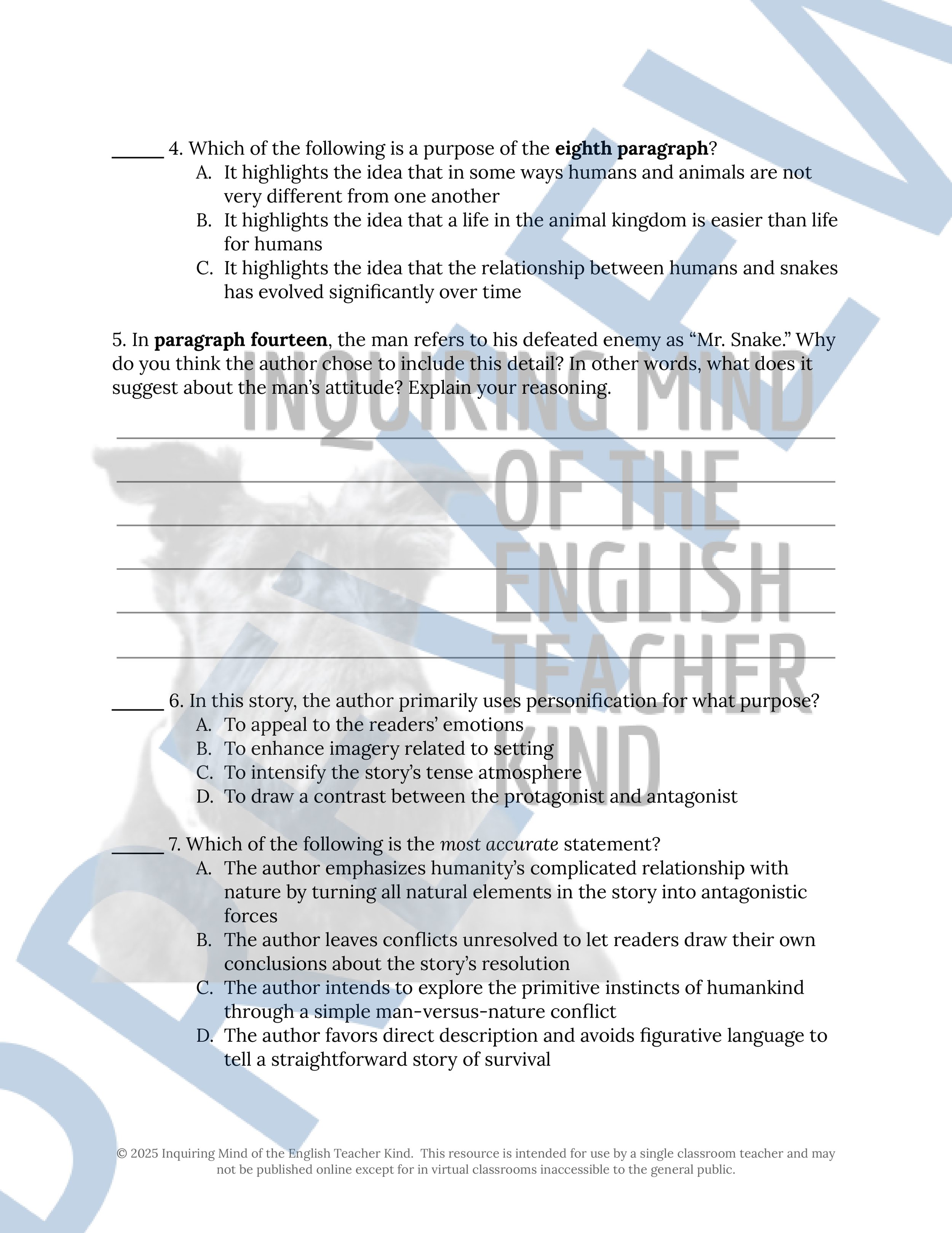 "The Snake" by Stephen Crane Short Story Quiz, Analysis Worksheet, and Vocabulary Games Bundle from Inquiring Mind of the English Teacher Kind