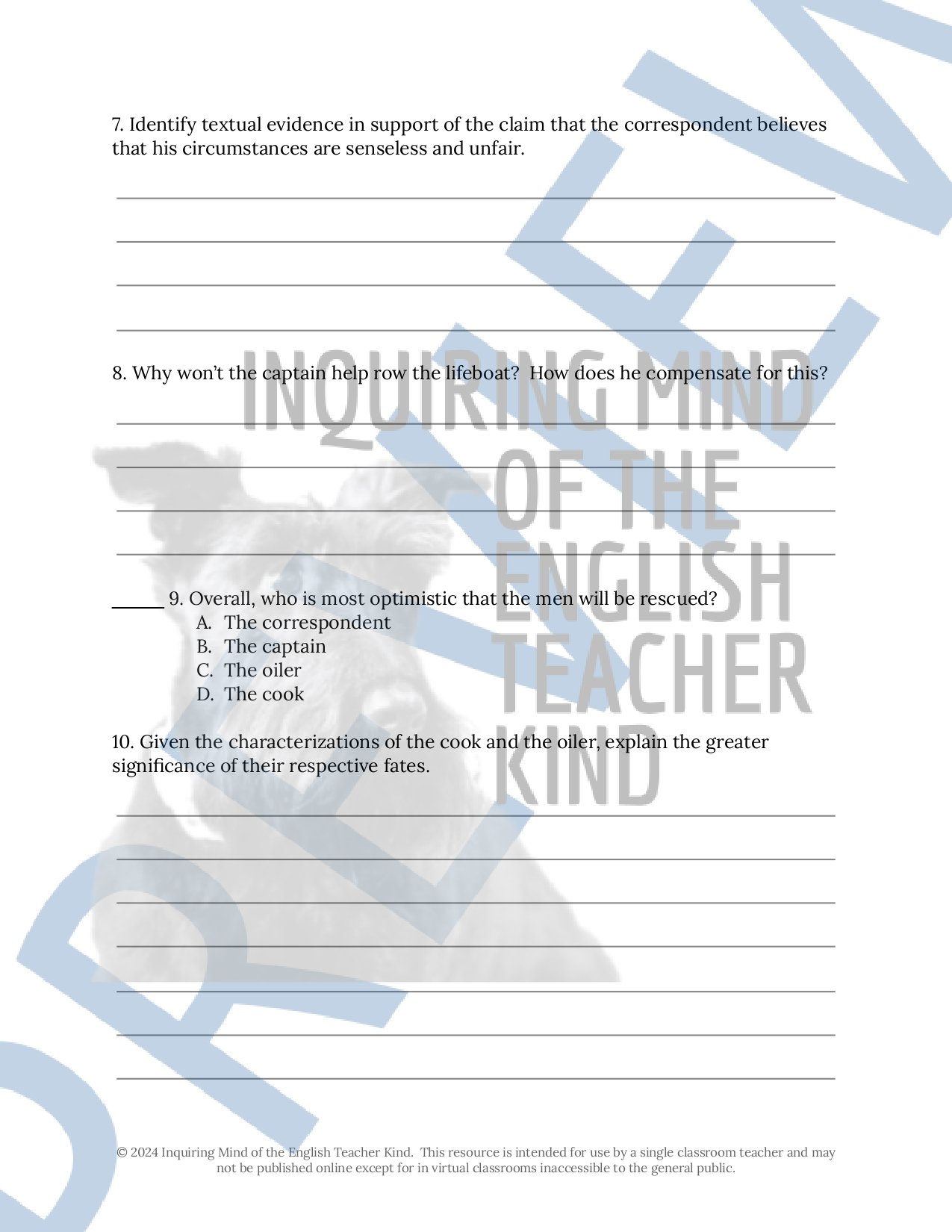 "The Open Boat" by Stephen Crane Quiz, Close Reading Worksheet, and Vocabulary Games for High School