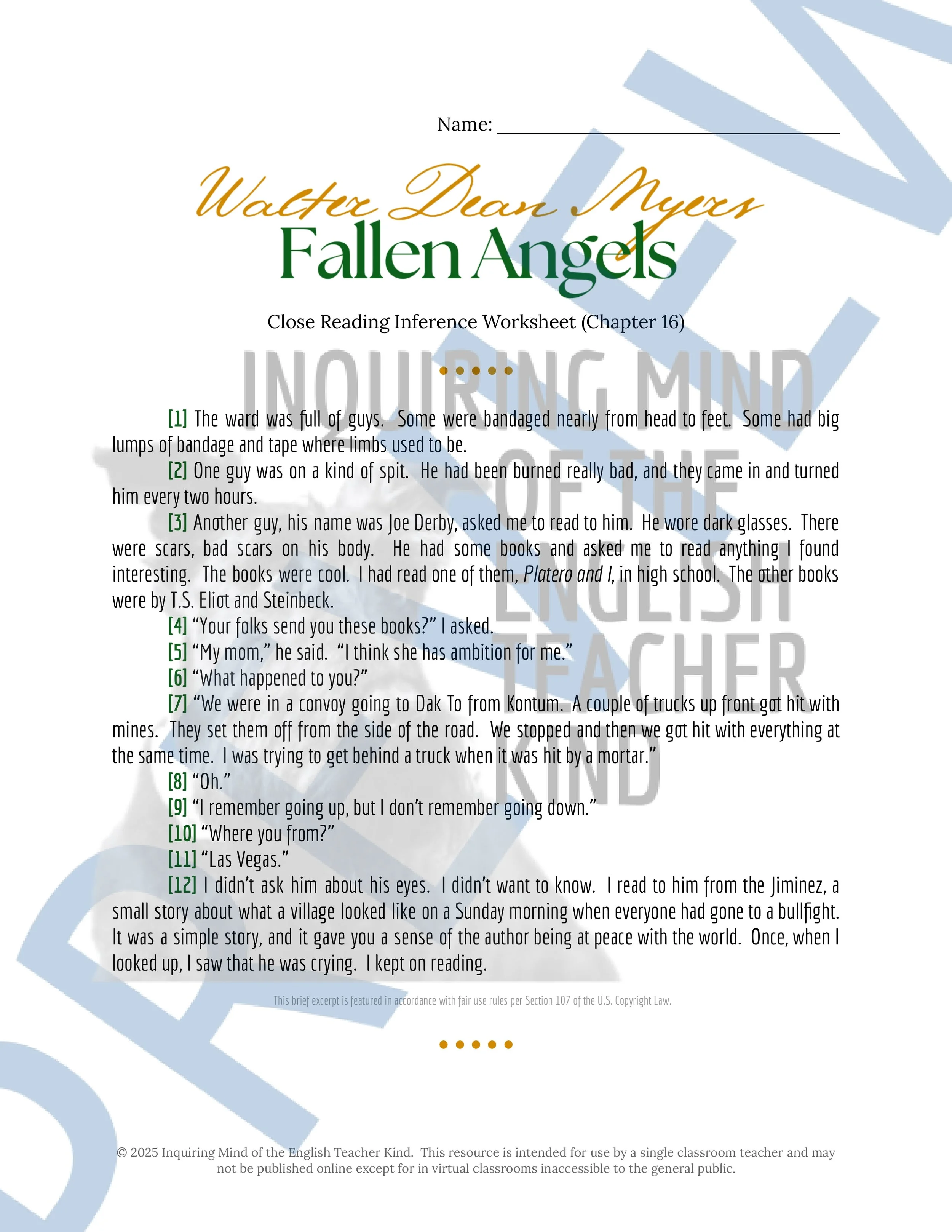 Fallen Angels by Walter Dean Myers Close Reading Analysis Worksheets Bundle for High School English Language Arts from Inquiring Mind of the English Teacher Kind