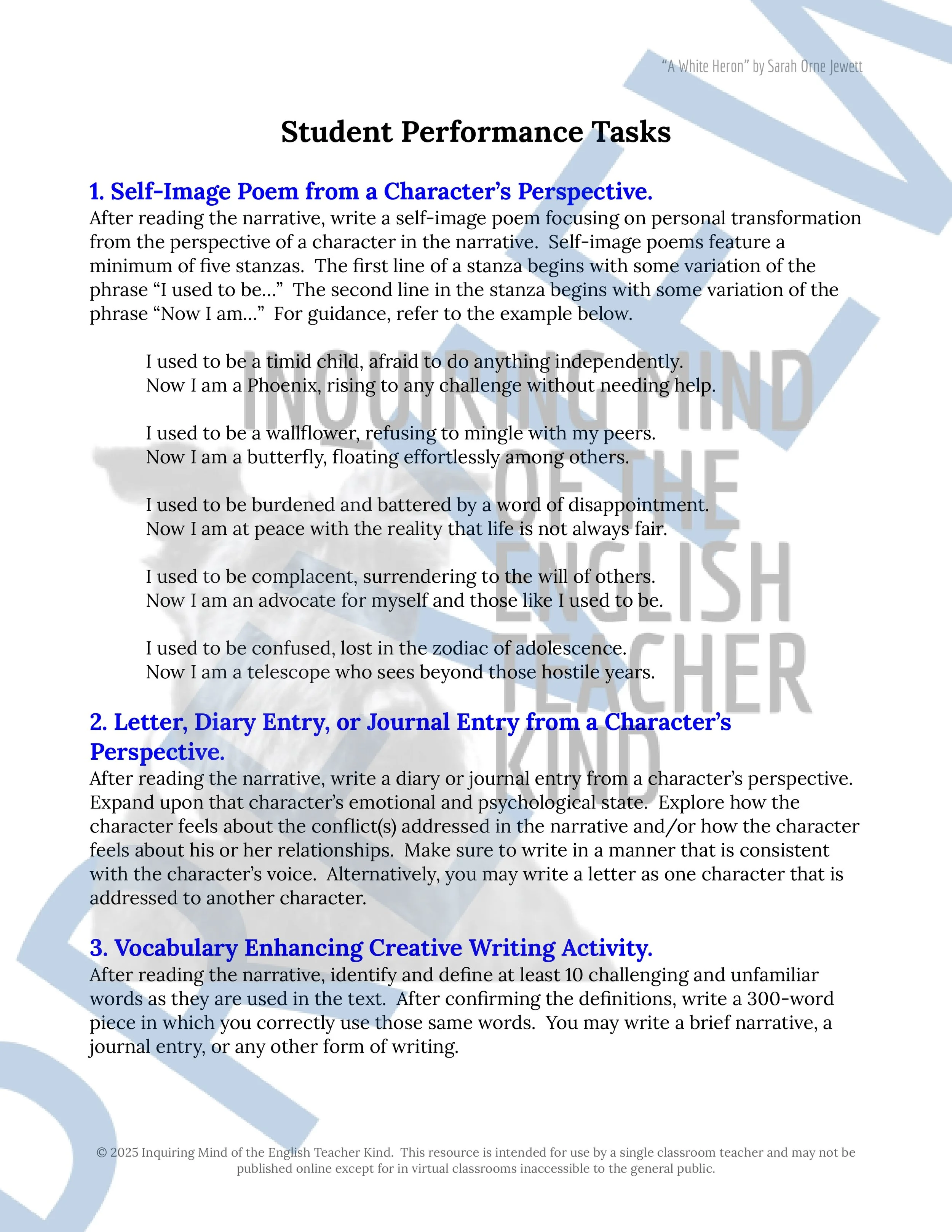 "A White Heron" by Sarah Orne Jewett Quiz, Analysis Worksheet, Vocabulary Activities, and Sub Plans for High School from Inquiring Mind of the English Teacher Kind