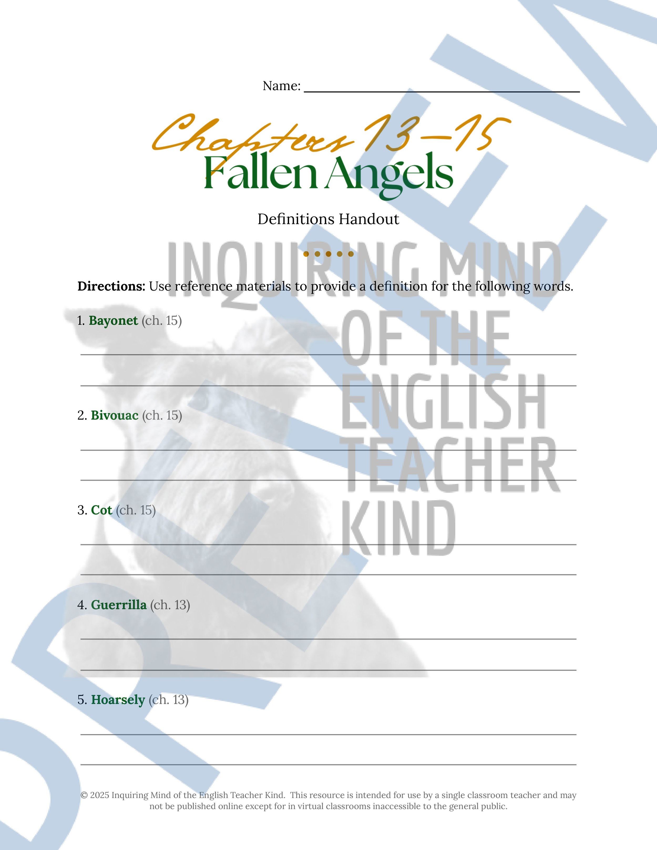 Fallen Angels Quizzes, Worksheets, Research Project, Test, and Answer Keys Mega Bundle from Inquiring Mind of the English Teacher Kind