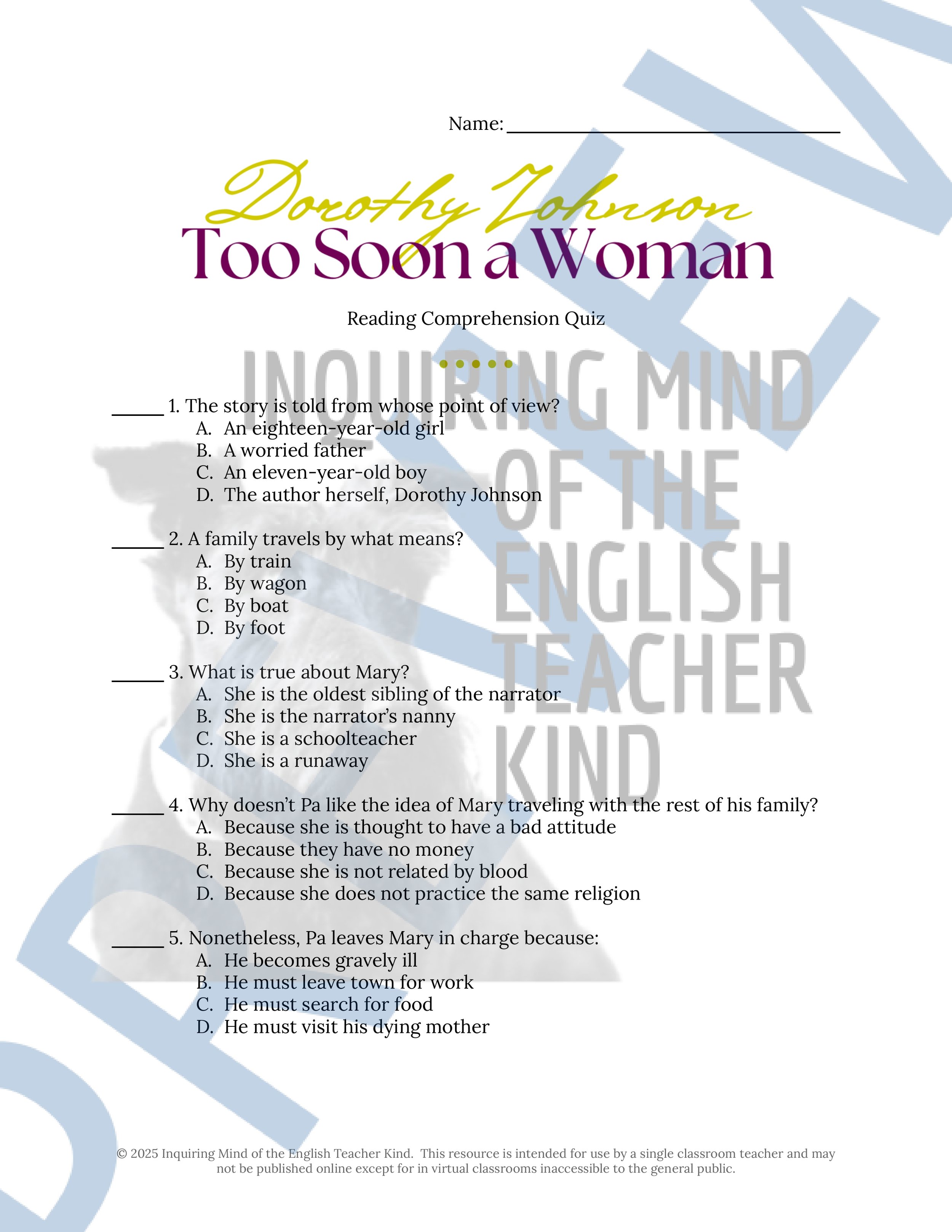 "Too Soon a Woman" by Dorothy Johnson Quiz, Close Reading Analysis Worksheet, Vocabulary Activities, and Answer Keys for High School from Inquiring Mind of the English Teacher Kind