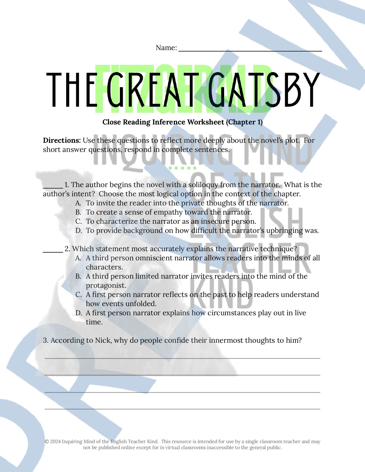 The Great Gatsby by F. Scott Fitzgerald Close Reading Inference Worksheets for High School