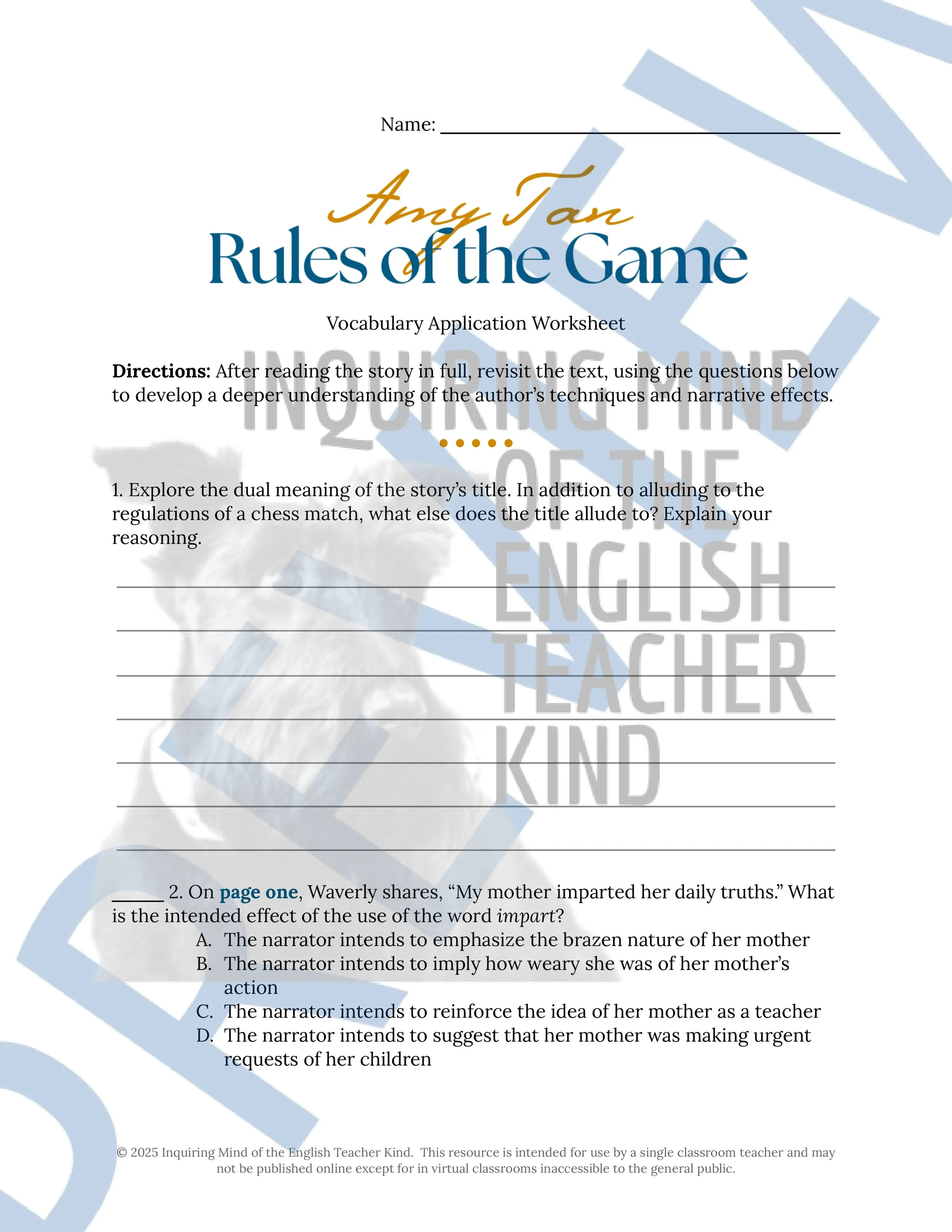 "Rules of the Game" by Amy Tan Quiz, Close Reading Worksheet, Vocabulary Activities, and Answer Keys for High School from Inquiring Mind of the English Teacher Kind