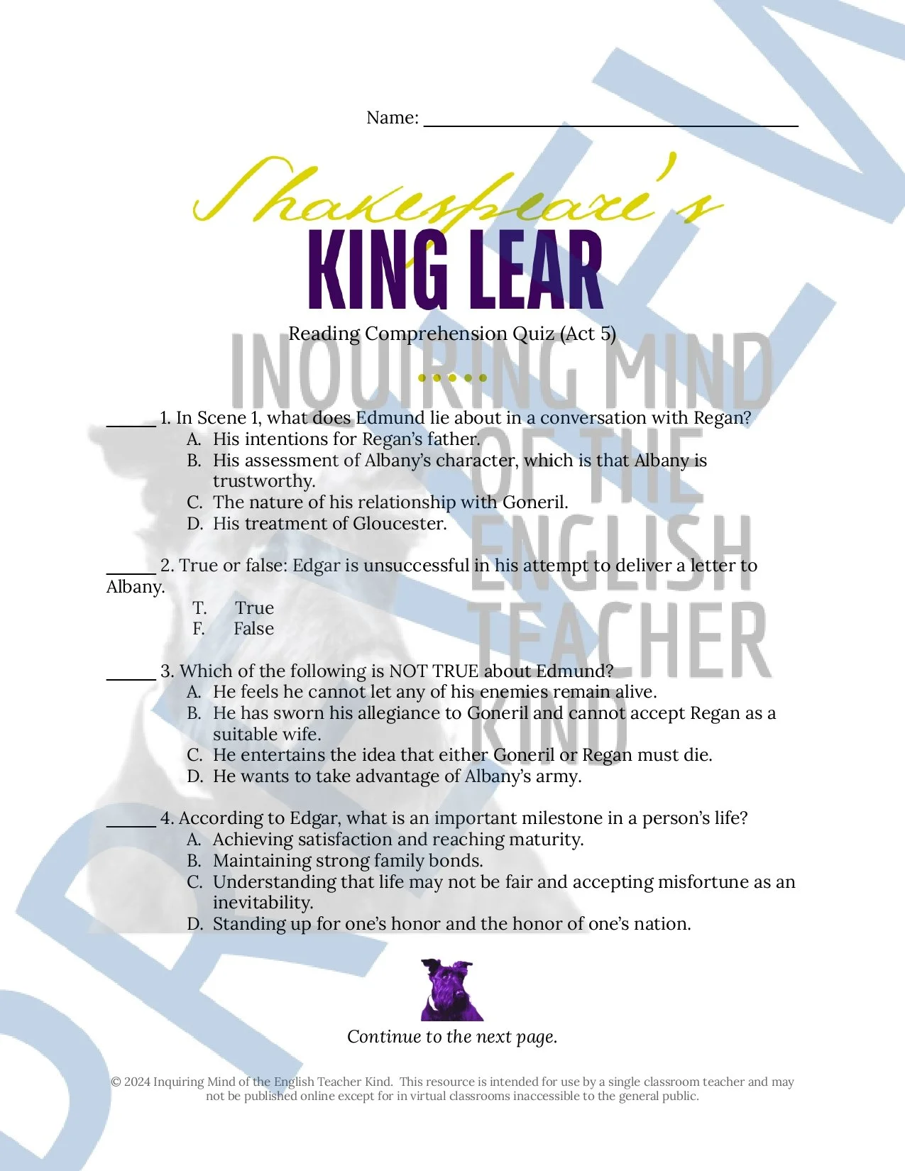 Shakespeare's King Lear Quiz and Answer Key Bundle for High School by Inquiring Mind of the English Teacher Kind