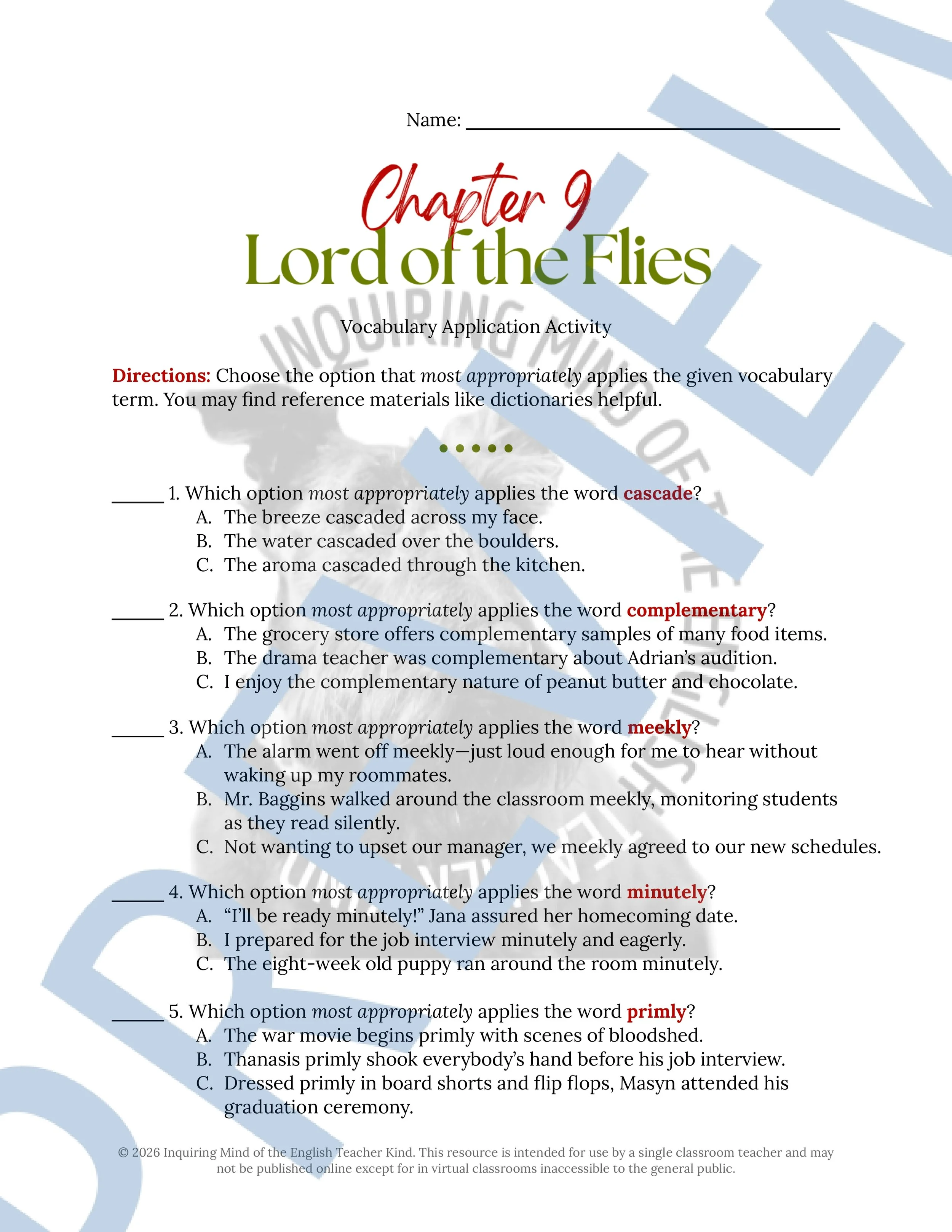 Lord of the Flies Chapter 9 Vocabulary Activities - Crossword Puzzle, Word Search Game, Worksheet (1).jpg