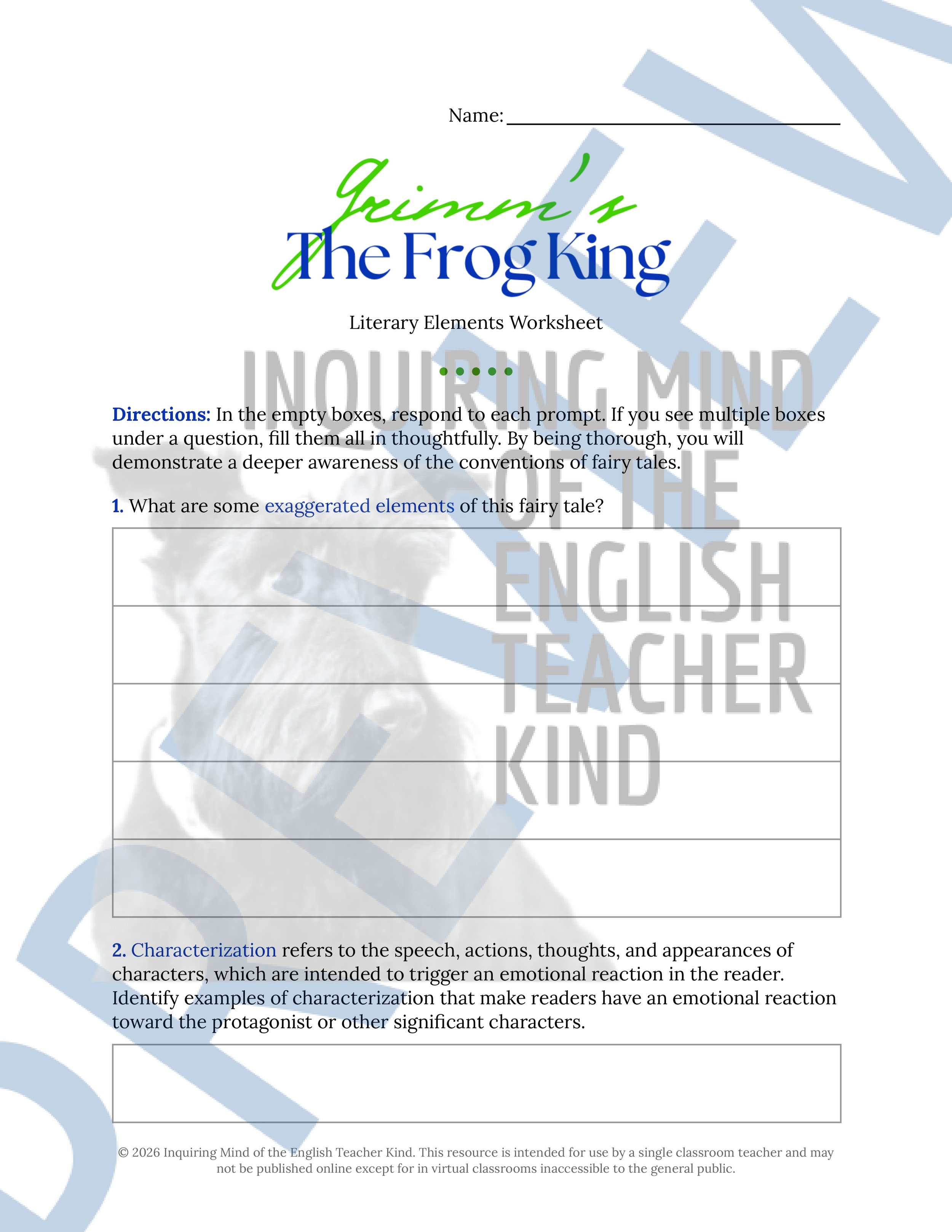 The Frog King Brothers Grimm Fairy Tale Literary Elements Worksheet (1).jpg