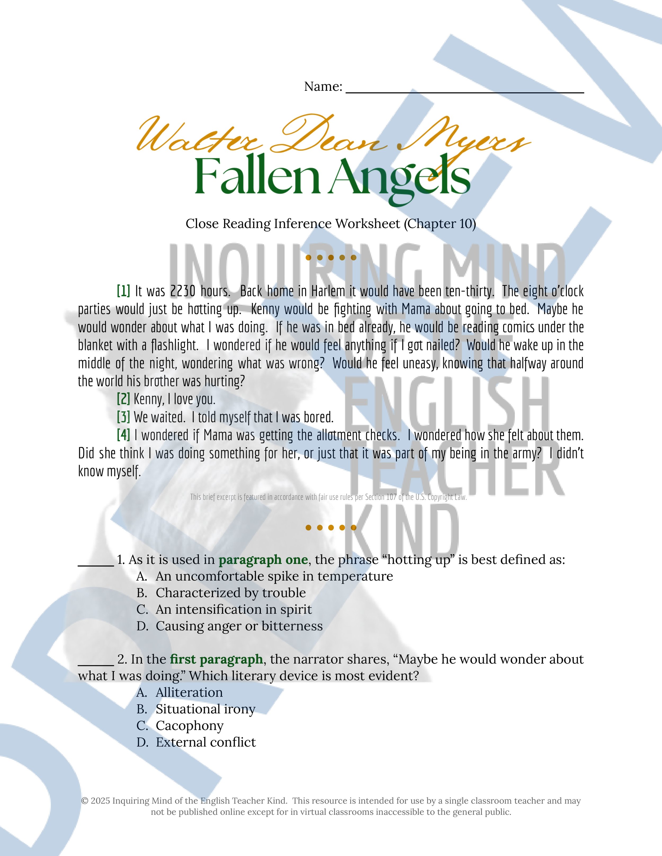 Fallen Angels Quizzes, Worksheets, Research Project, Test, and Answer Keys Mega Bundle from Inquiring Mind of the English Teacher Kind