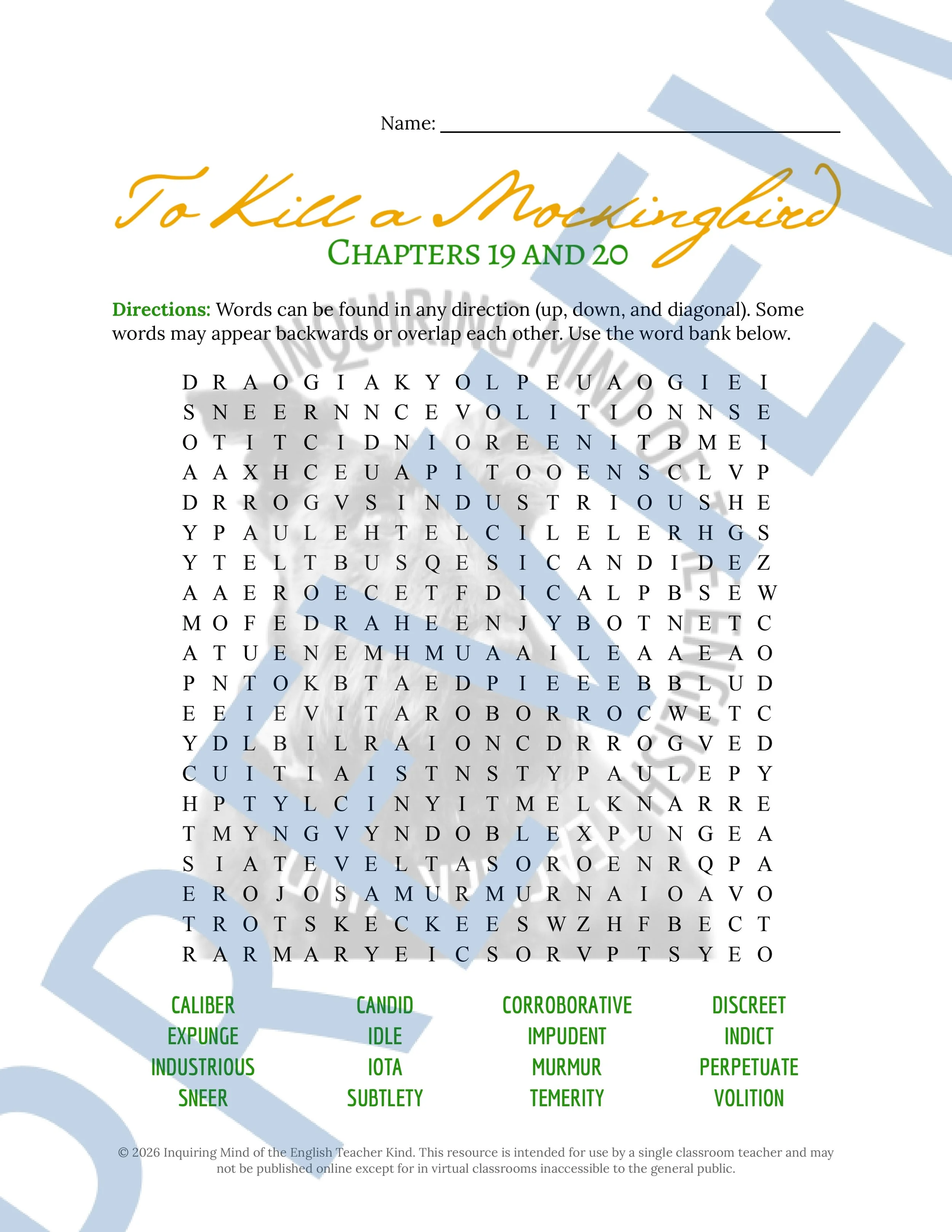 To Kill a Mockingbird Chapters 19 and 20 Vocabulary Worksheet, Crossword Puzzle, and Word Search Game for High School ELA (4).jpg