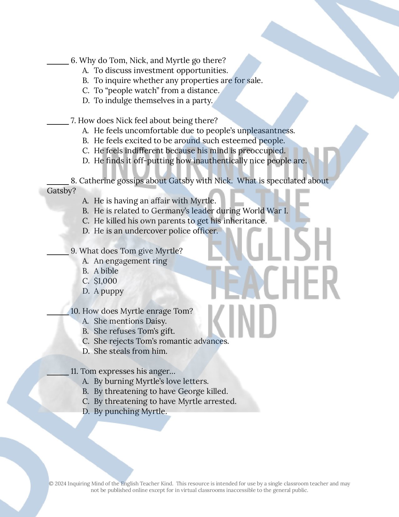 The Great Gatsby by F. Scott Fitzgerald Chapter 2 Quiz, Inference Worksheet, and Vocabulary Games for High School