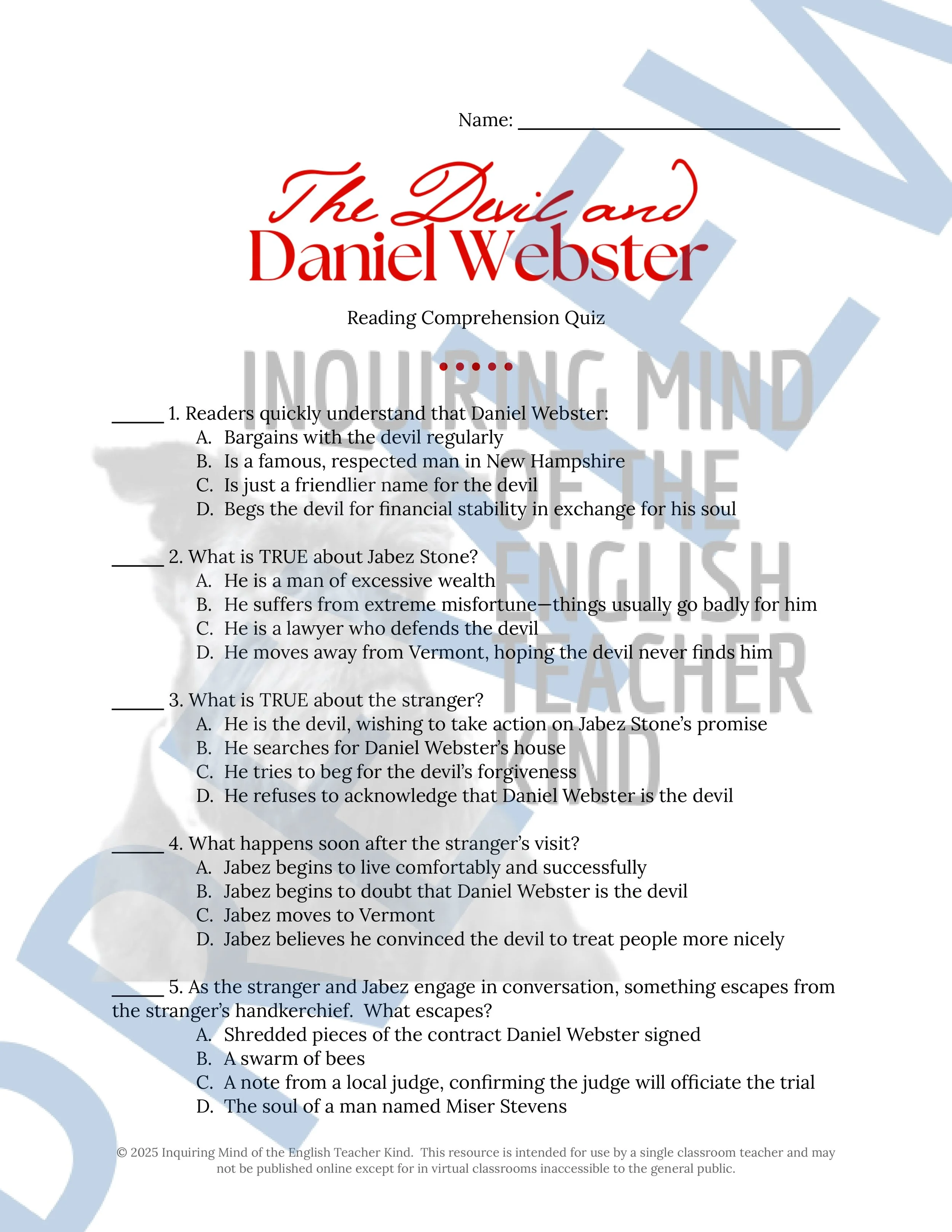 "The Devil and Daniel Webster" by Stephen Vincent Benet Quiz, Analysis Worksheets, Vocabulary Games, and Answer Keys for High School from Inquiring Mind of the English Teacher Kind