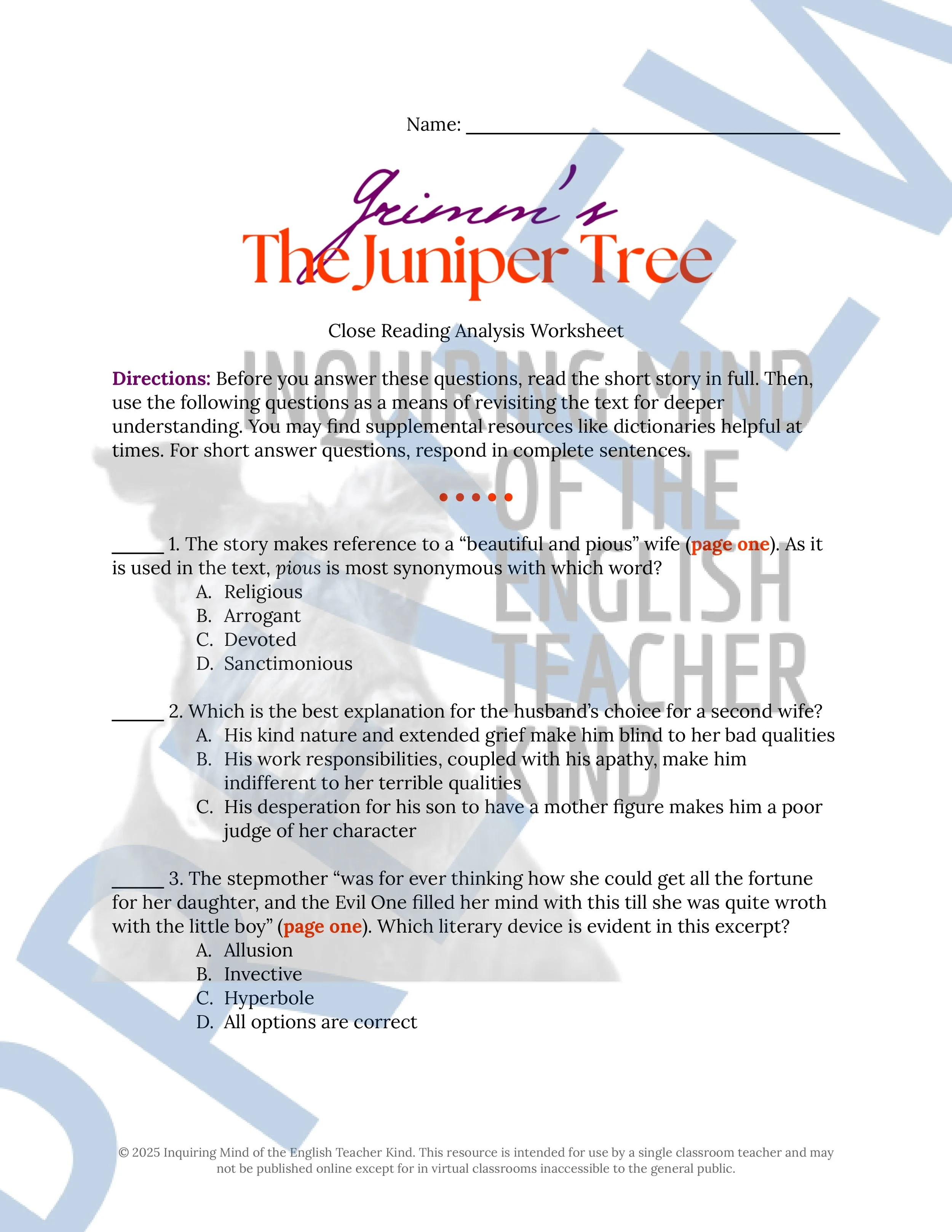 "The Juniper Tree" Quiz, Worksheets, and Vocabulary Games (Grimm's Fairy Tale) from Inquiring Mind of the English Teacher Kind