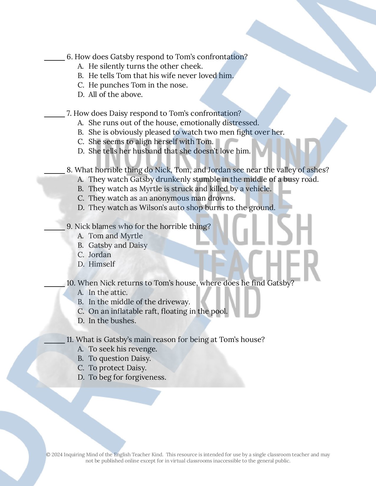 The Great Gatsby by F. Scott Fitzgerald Chapter 7 Quiz, Inference Worksheet, and Vocabulary Games for High School