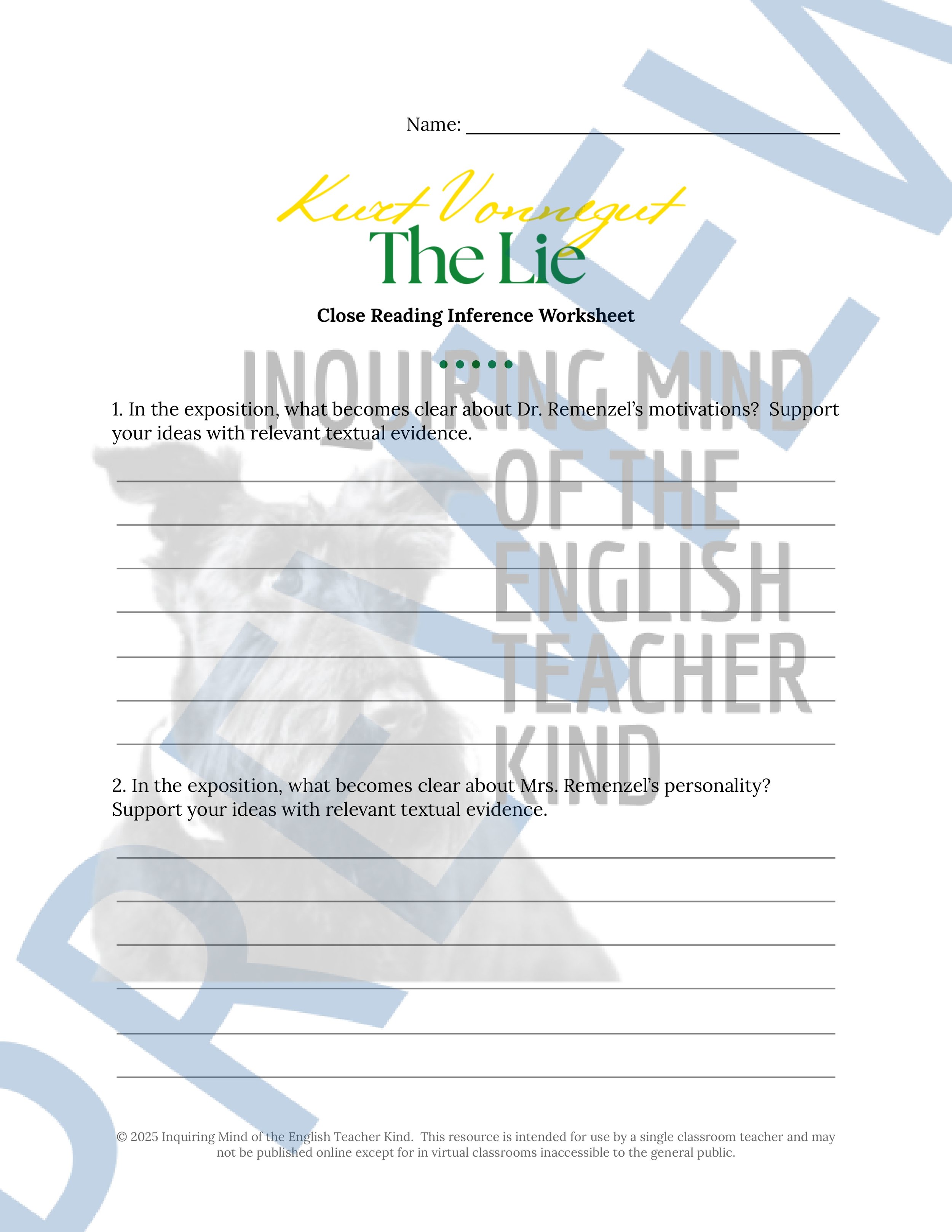 "The Lie" by Kurt Vonnegut Quiz, Close Reading Analysis Worksheet, Vocabulary Activities, and Answer Keys for High School from Inquiring Mind of the English Teacher Kind