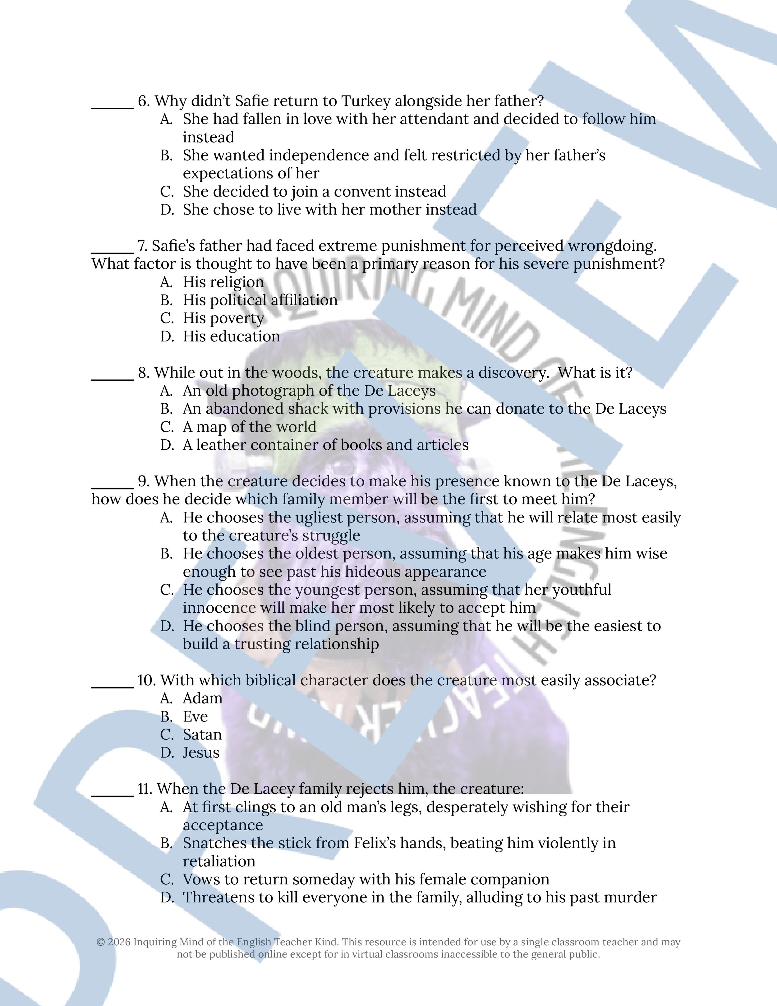 Frankenstein Test Frankenstein by Mary Shelley Quizzes, Analysis Worksheets, Vocabulary ...